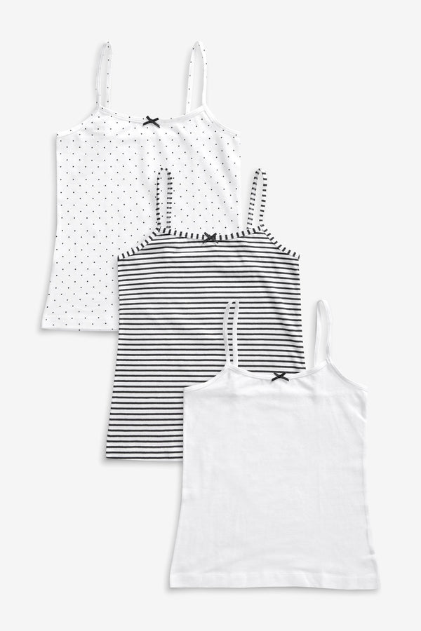 Black/White/Spot & Stripe 3 Pack Oriental Strappy Cami Vests (1.5-16yrs)