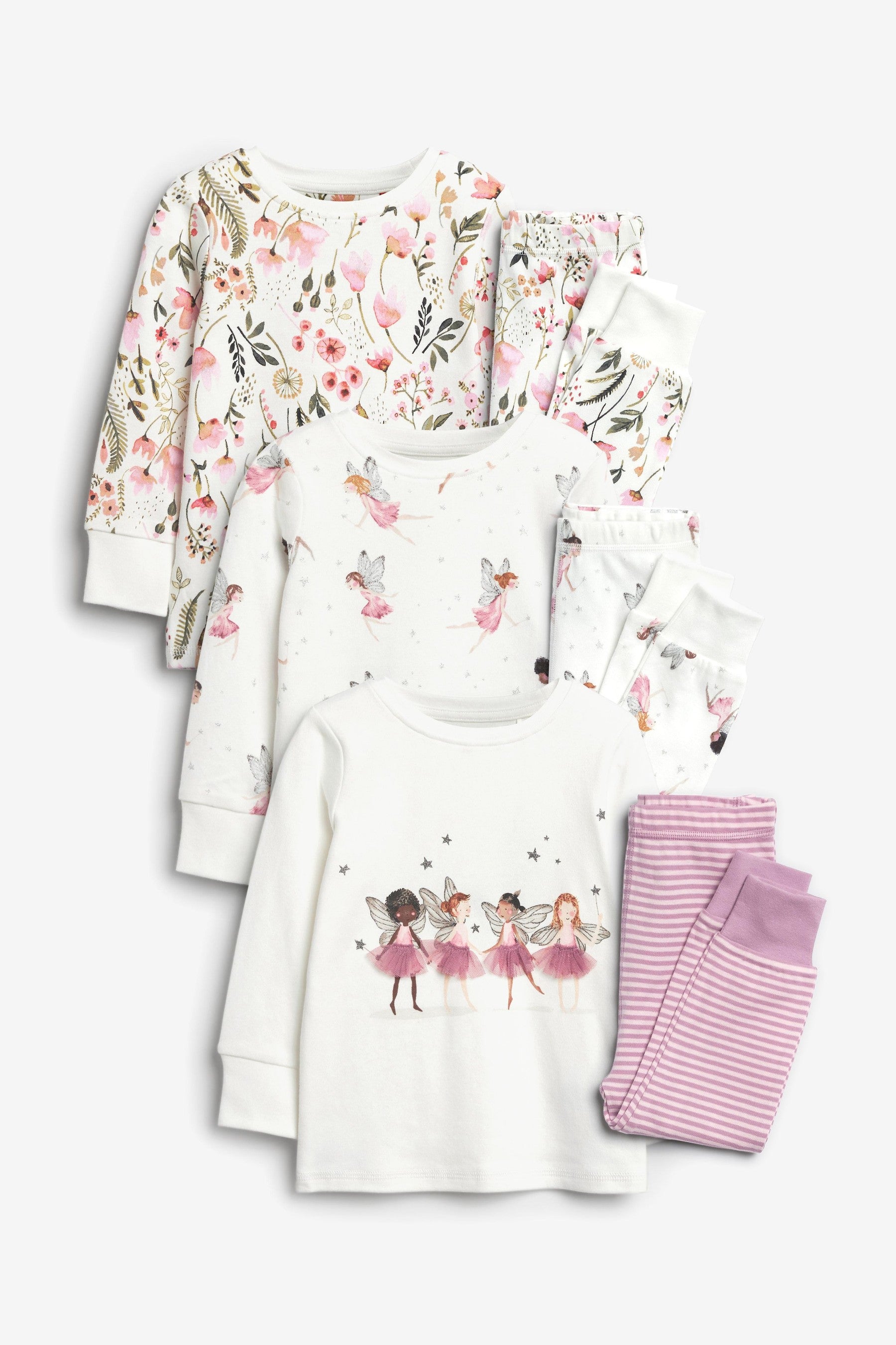 Cream/Pink 3 Pack Fairy Pyjamas (9mths-8yrs)