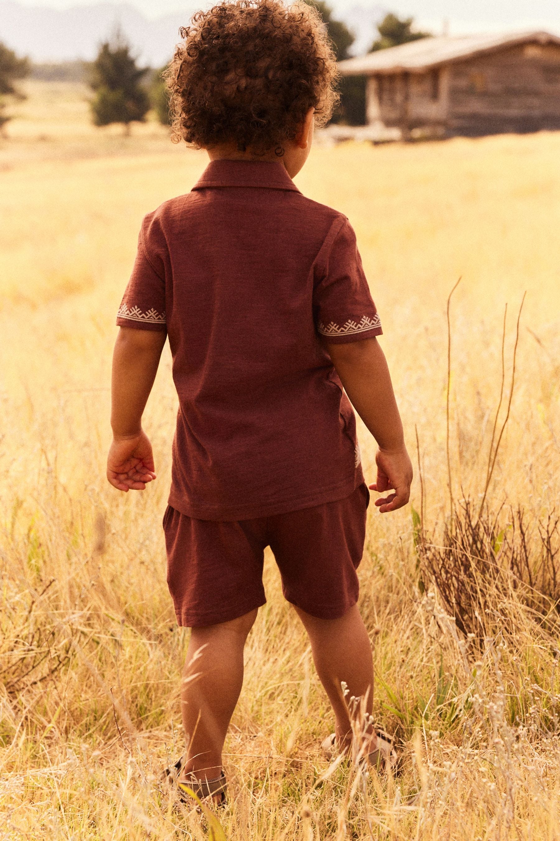 Rust Brown Short Sleeve Pattern Shirt and Shorts Set (3mths-7yrs)