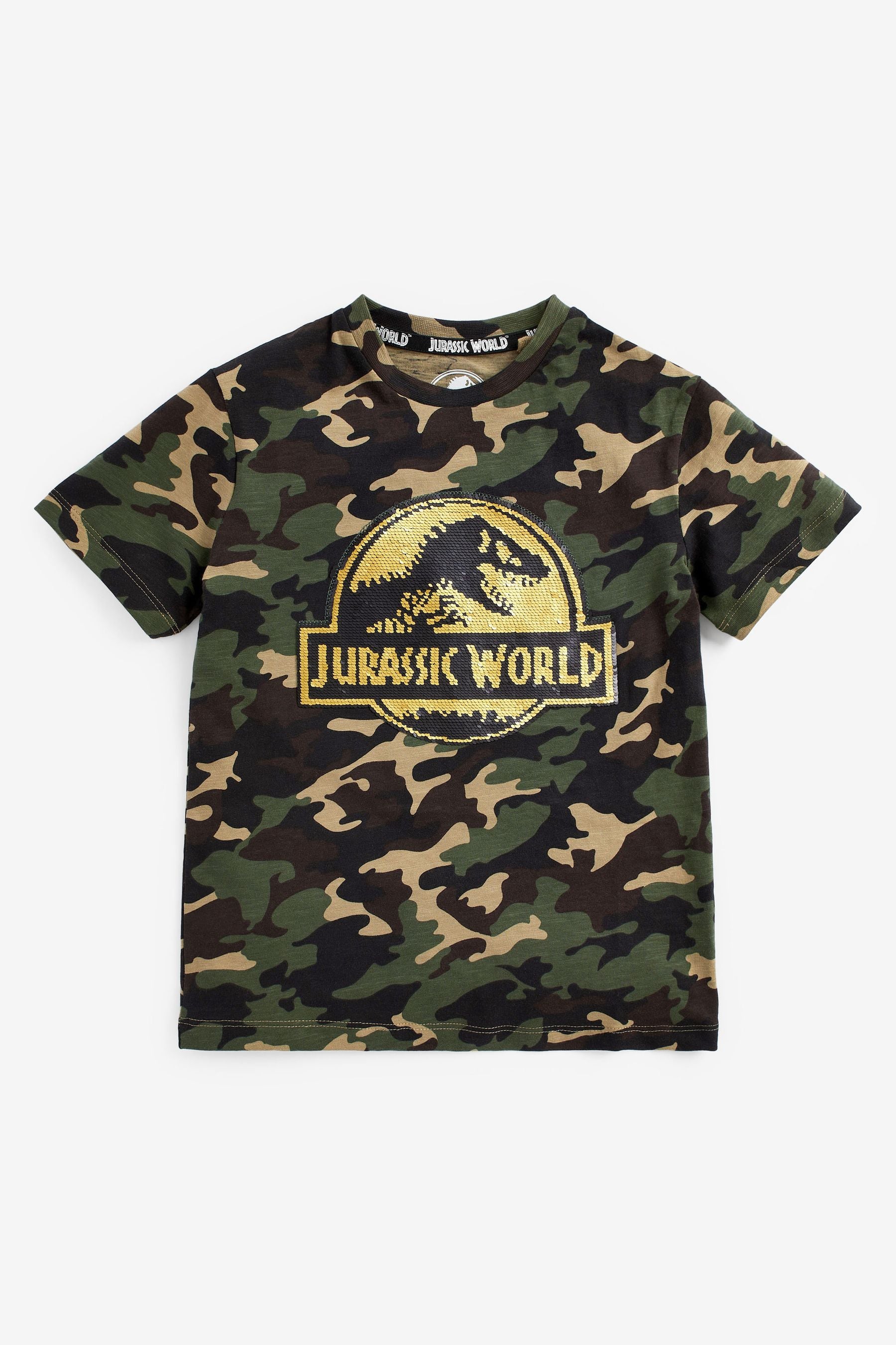 Camouflage Jurassic World Flippy Sequin Licence T-Shirt (3-16yrs)