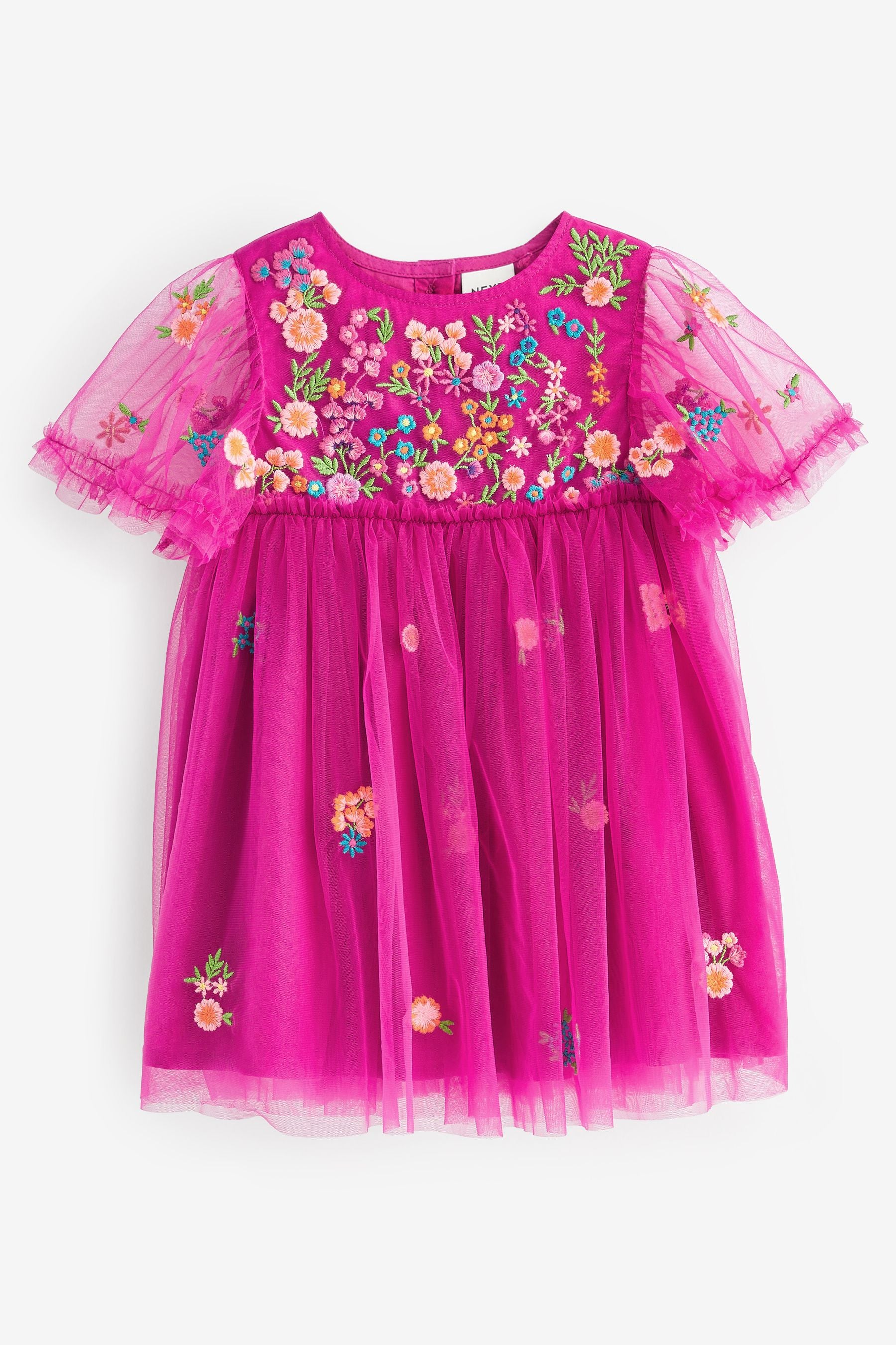 Bright Pink Embroidered Mesh Party Dress (3mths-7yrs)