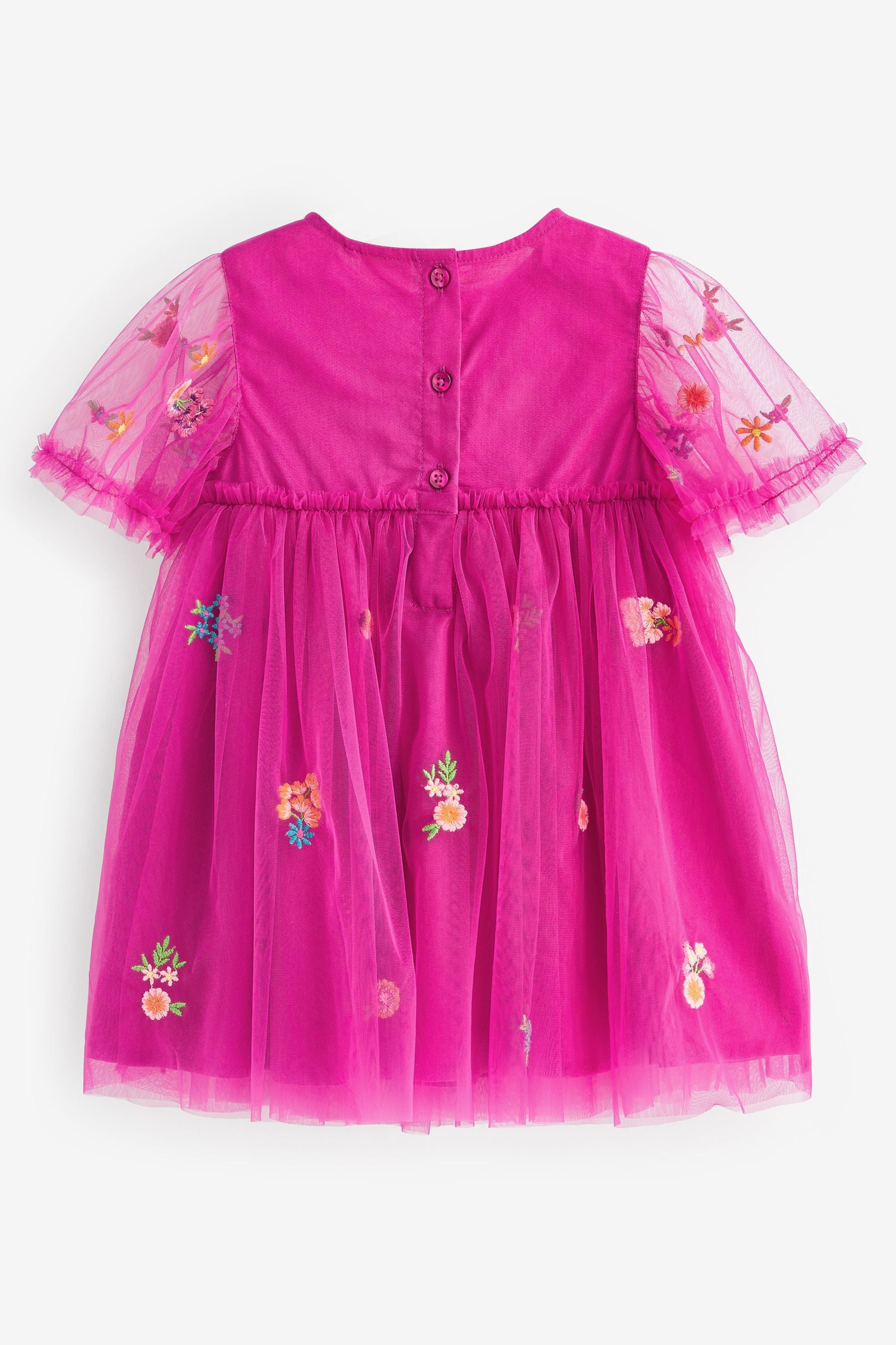 Bright Pink Embroidered Mesh Party Dress (3mths-7yrs)