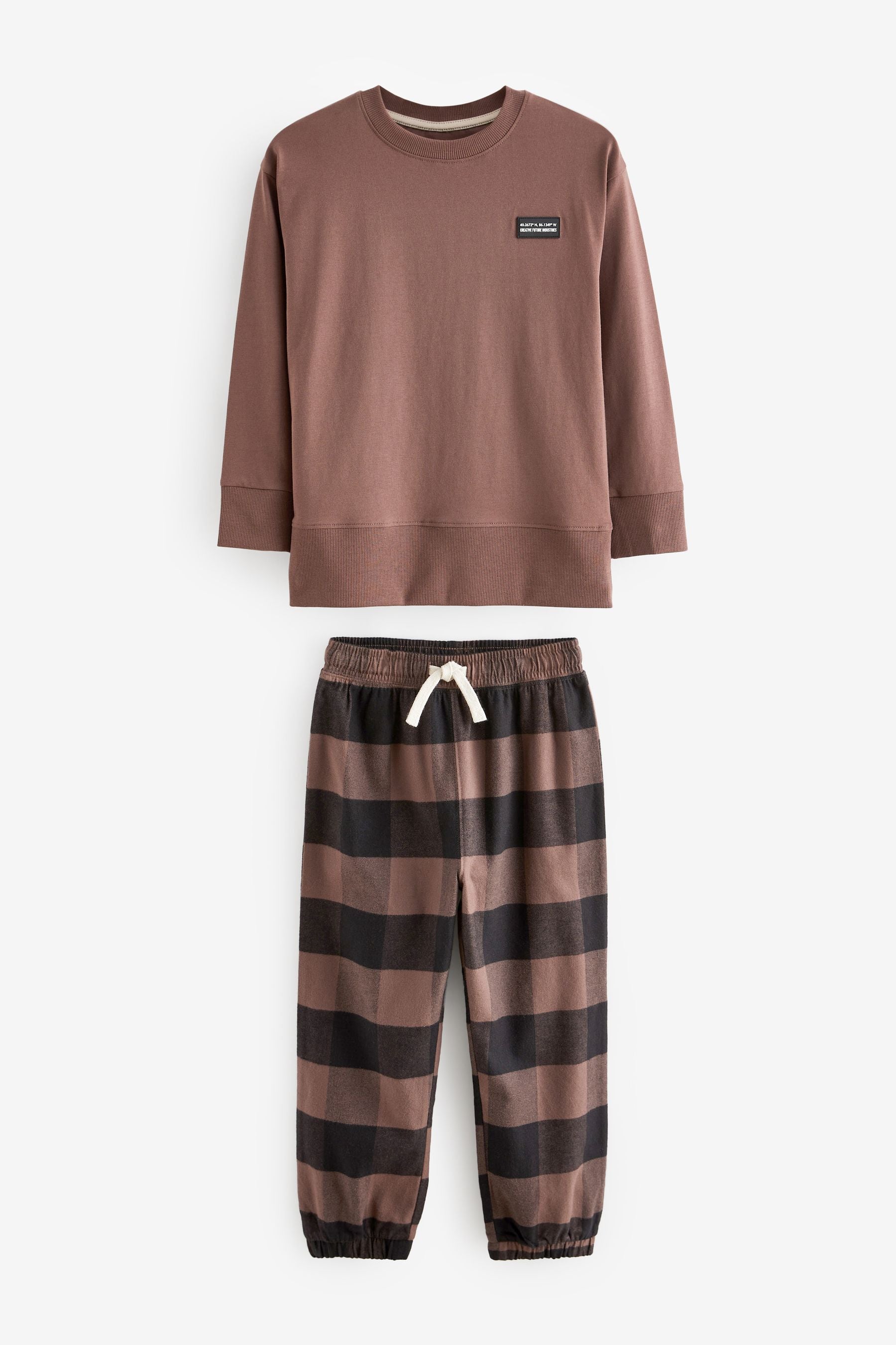 Neutral/Black Long Sleeve Check Bottom Pyjamas (3-16yrs)