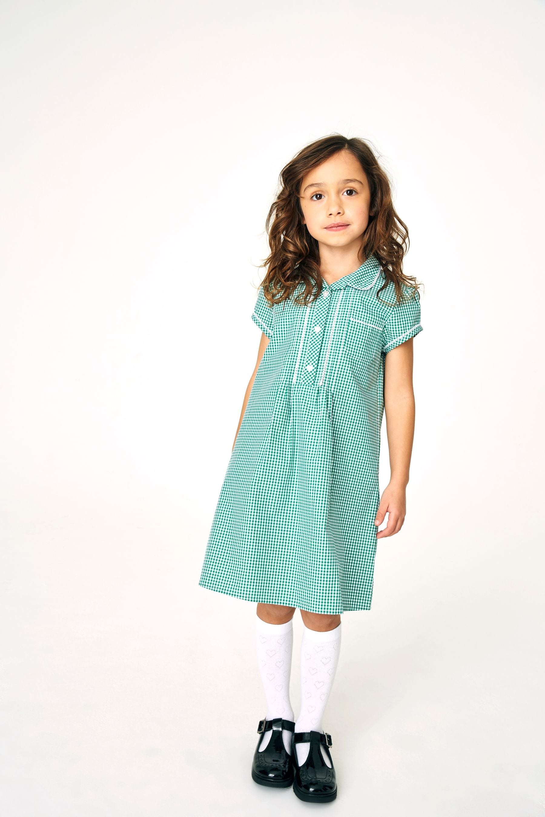 Green Cotton Rich Button Front Lace Gingham School Dress (3-14yrs)