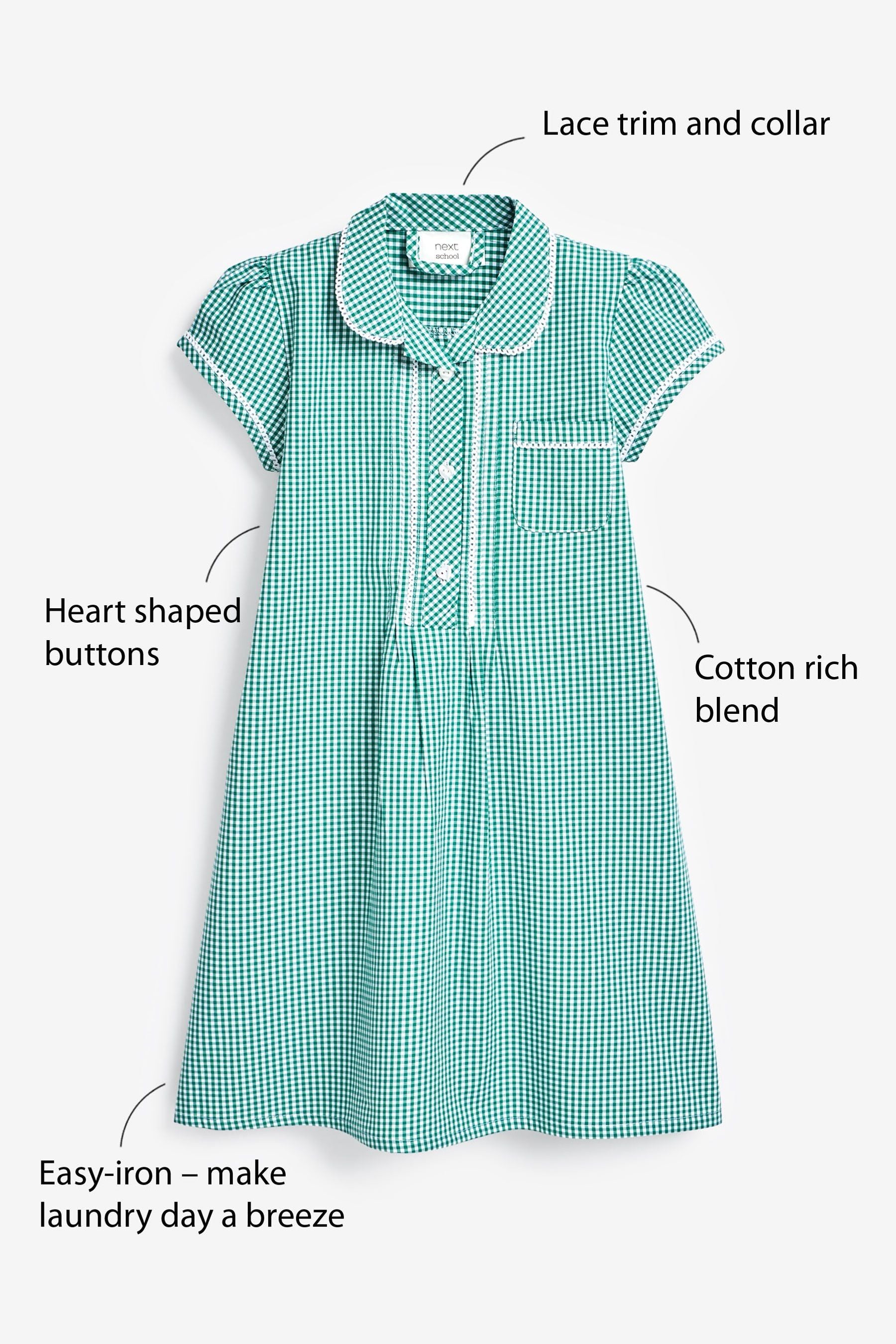 Green Cotton Rich Button Front Lace Gingham School Dress (3-14yrs)