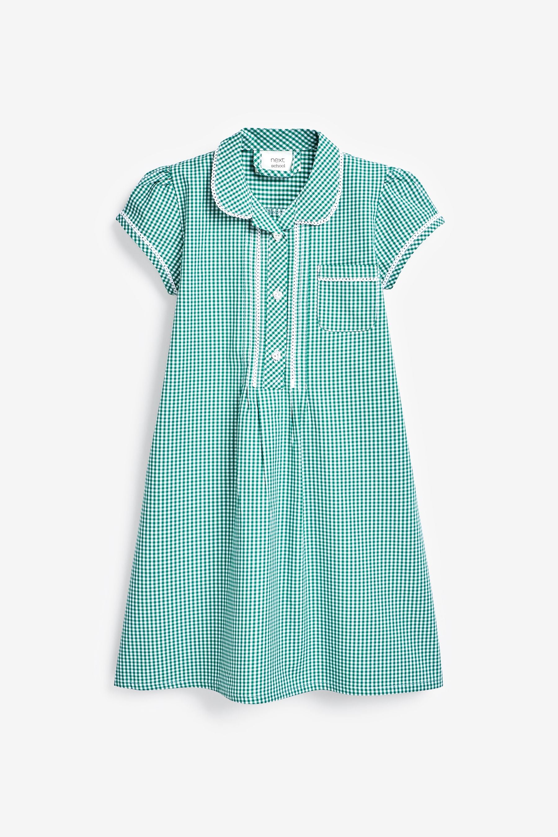 Green Cotton Rich Button Front Lace Gingham School Dress (3-14yrs)