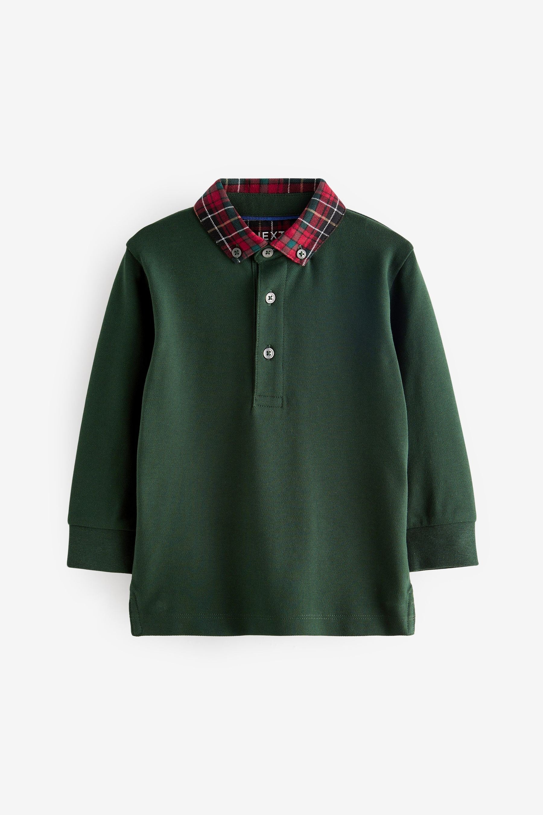 Green Long Sleeve Tartan Collar Polo Shirt (3mths-7yrs)