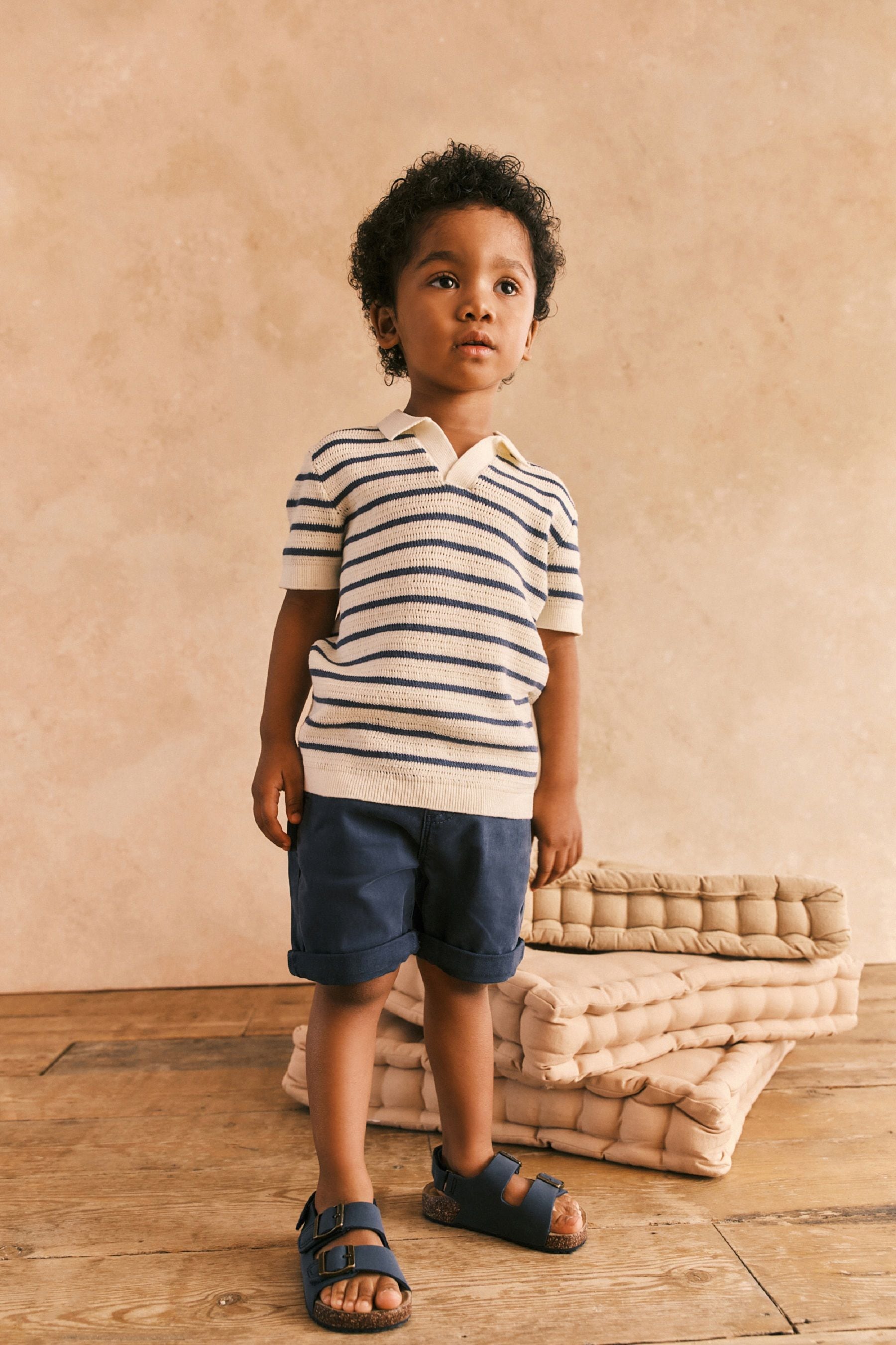 Ecru/Navy Stripe Short Sleeved Polo Shirt (3mths-7yrs)