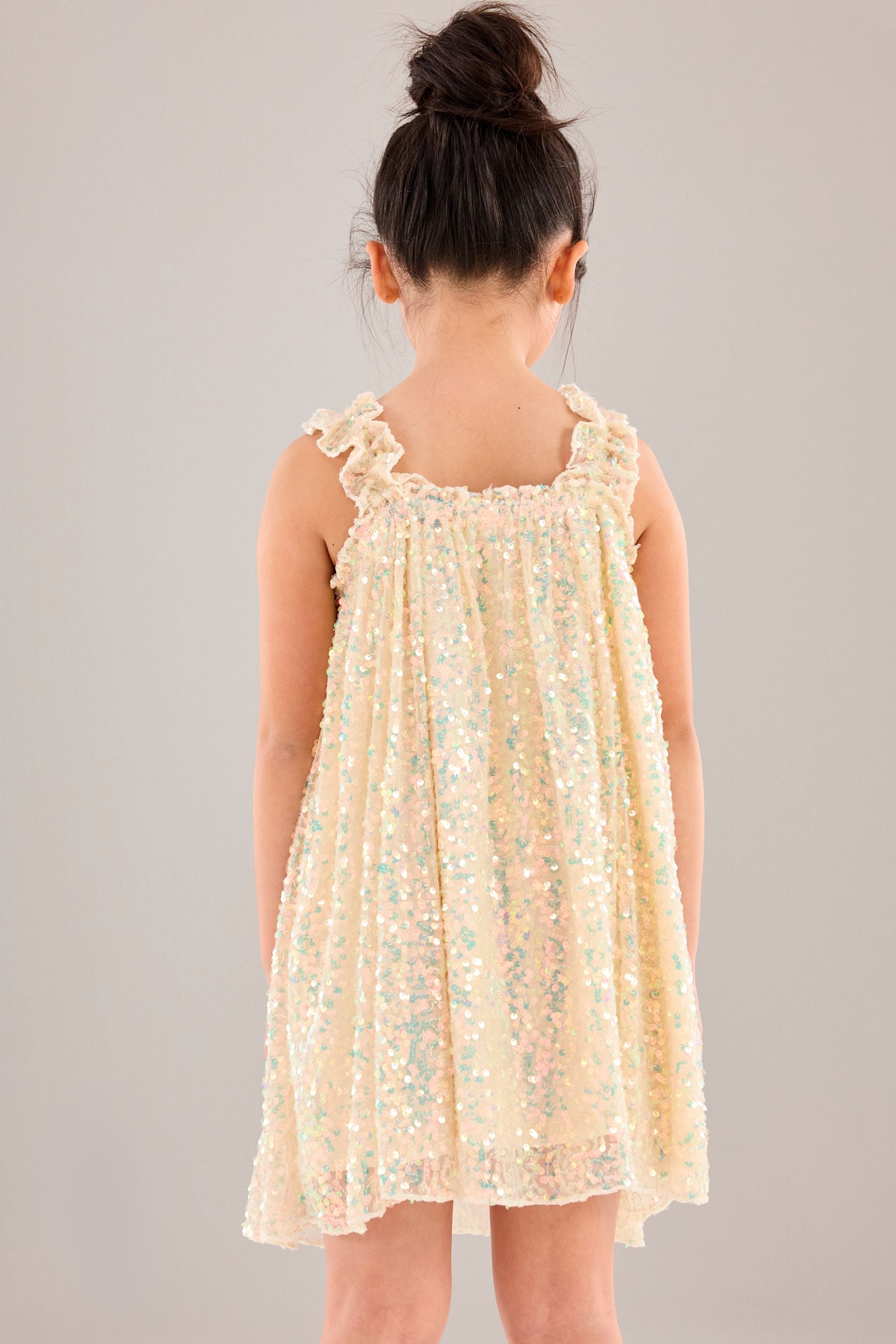 Neutral/ Iridescent Sequin Gathered Strappy Party Dress (3-14yrs)