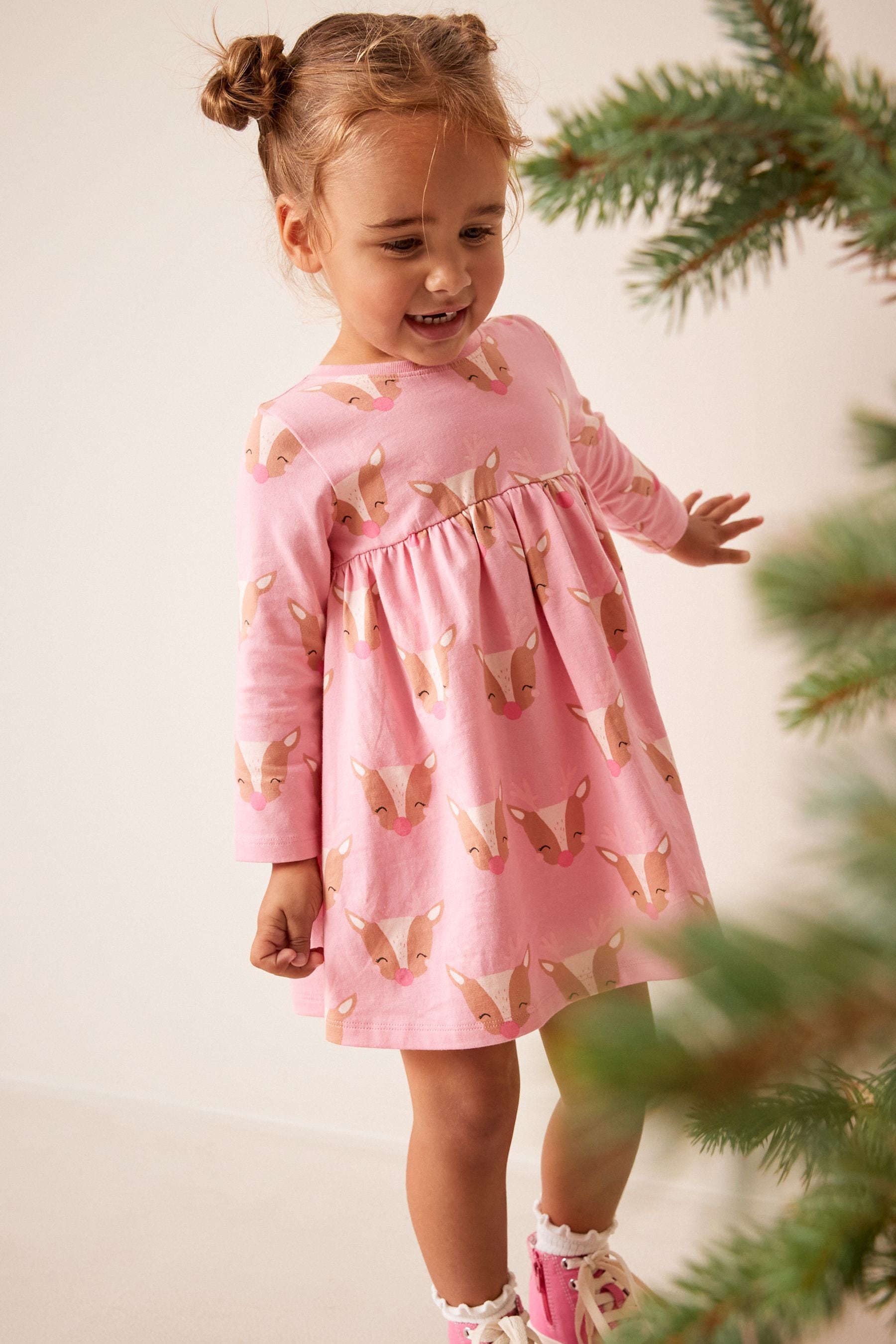 Pink Reindeer Christmas Long Sleeve Jersey Dress (3mths-7yrs)