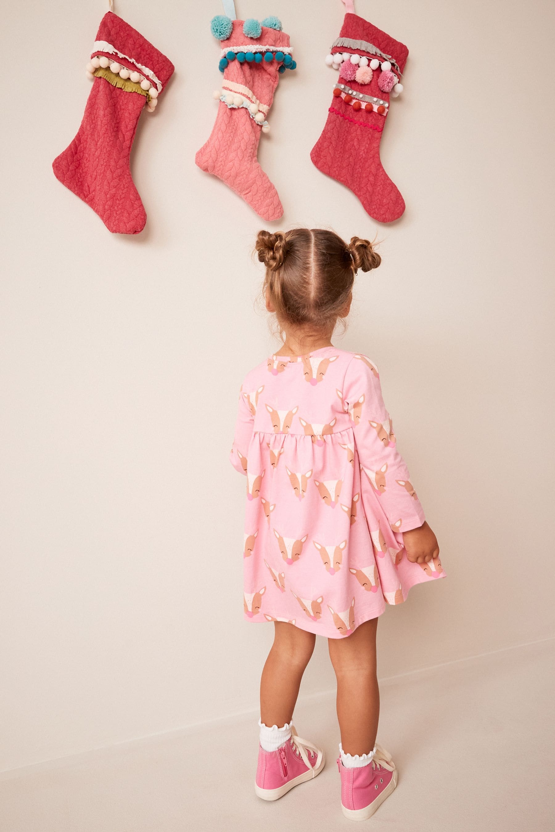 Pink Reindeer Christmas Long Sleeve Jersey Dress (3mths-7yrs)