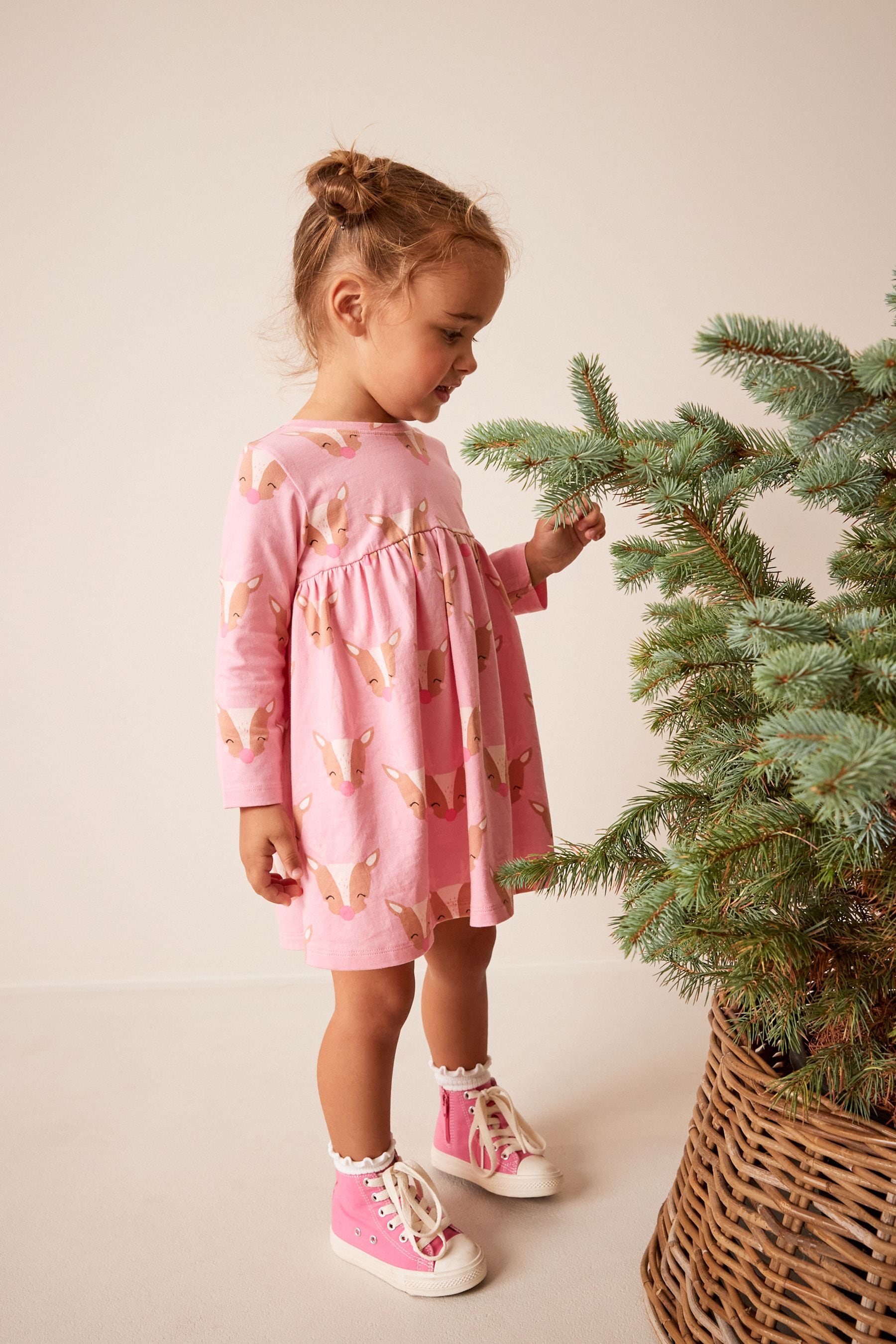 Pink Reindeer Christmas Long Sleeve Jersey Dress (3mths-7yrs)