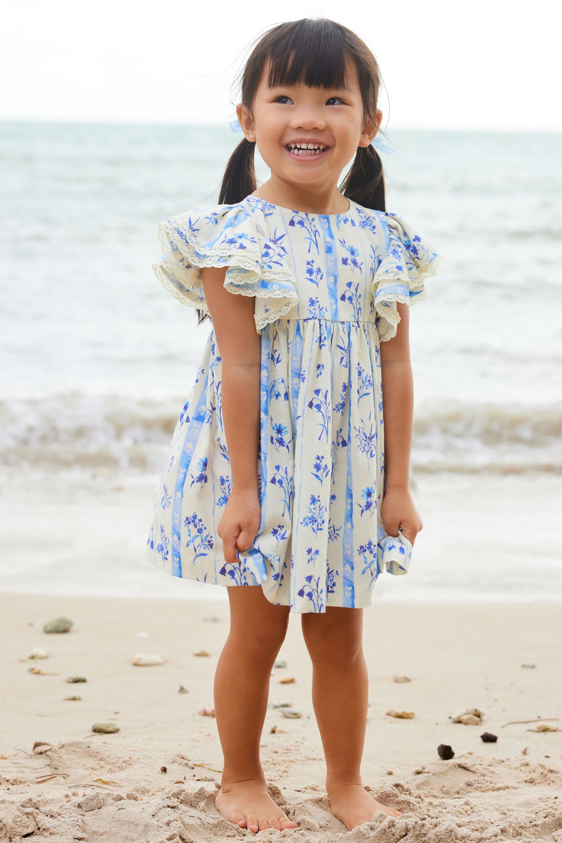 Blue Floral Angel Sleeve Dress (3mths-8yrs)