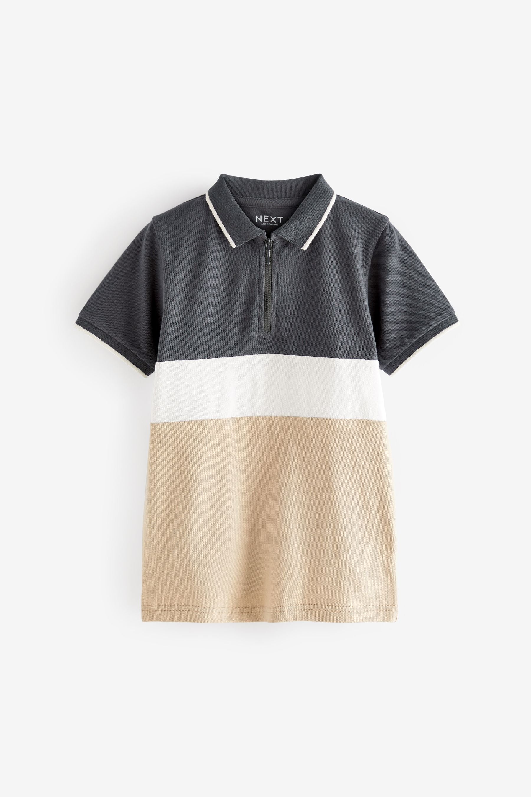 Tan Brown/Charcoal Grey Short Sleeve Zip Neck Polo Shirt (3-16yrs)