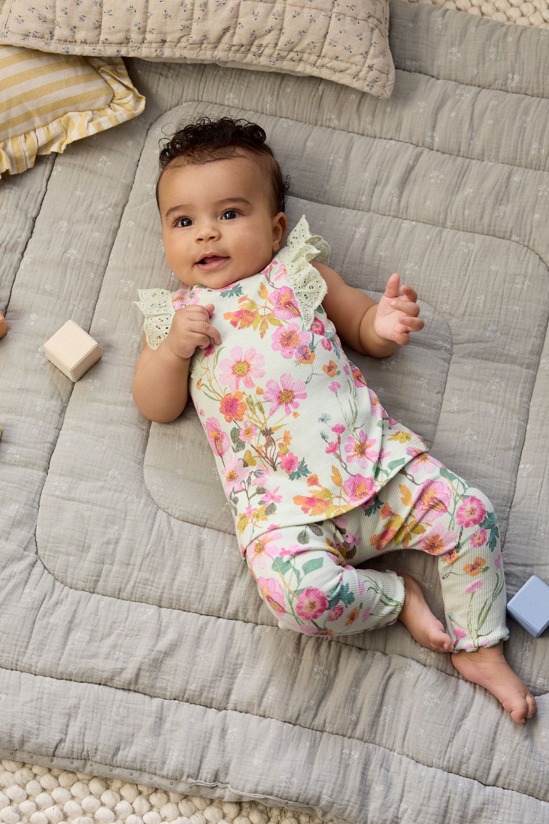 Sage Green Floral Baby Short Sleeve Top And Leggings Set