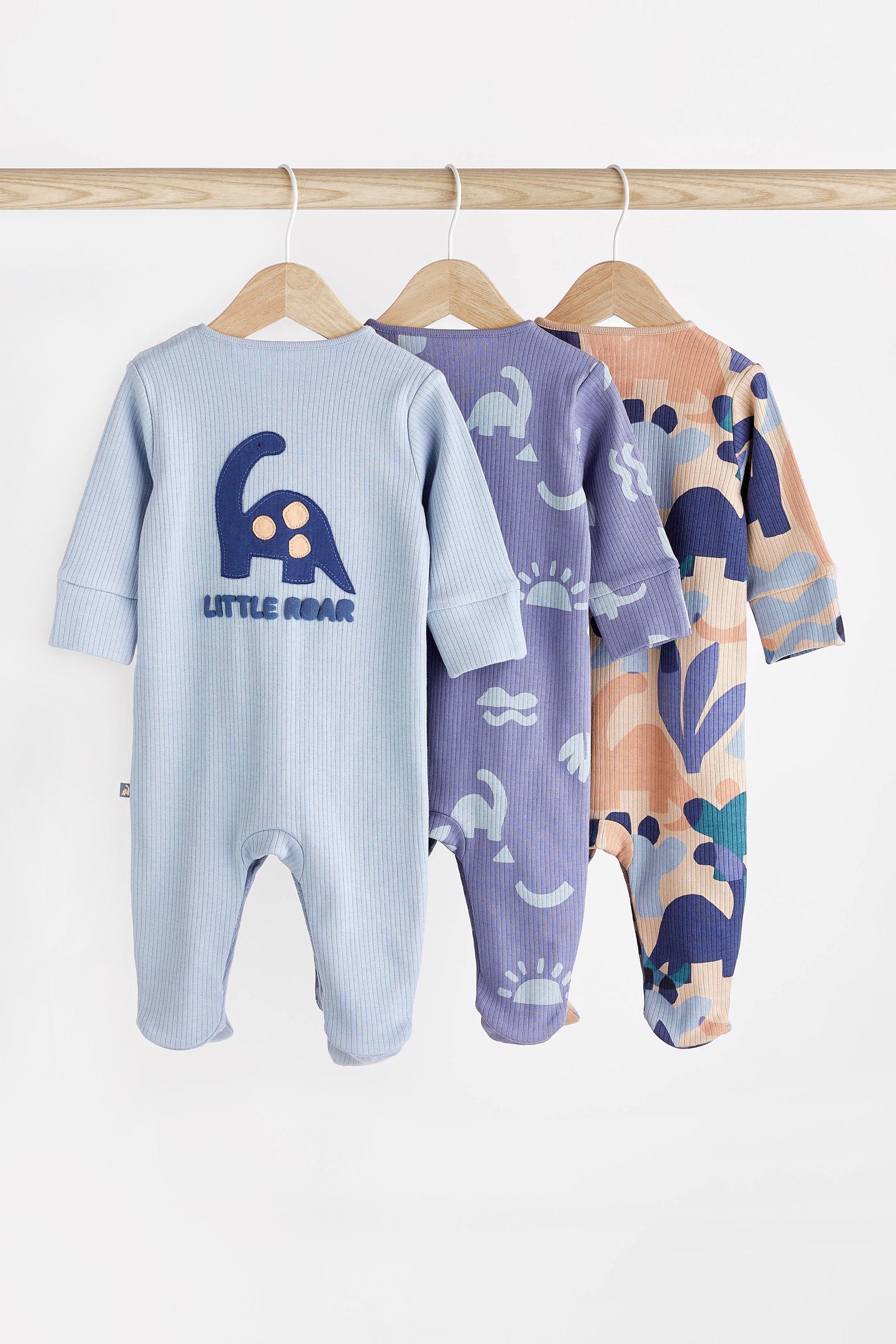 Blue Dinosaur Footed Baby Sleepsuits 3 Pack (0mths-2yrs)