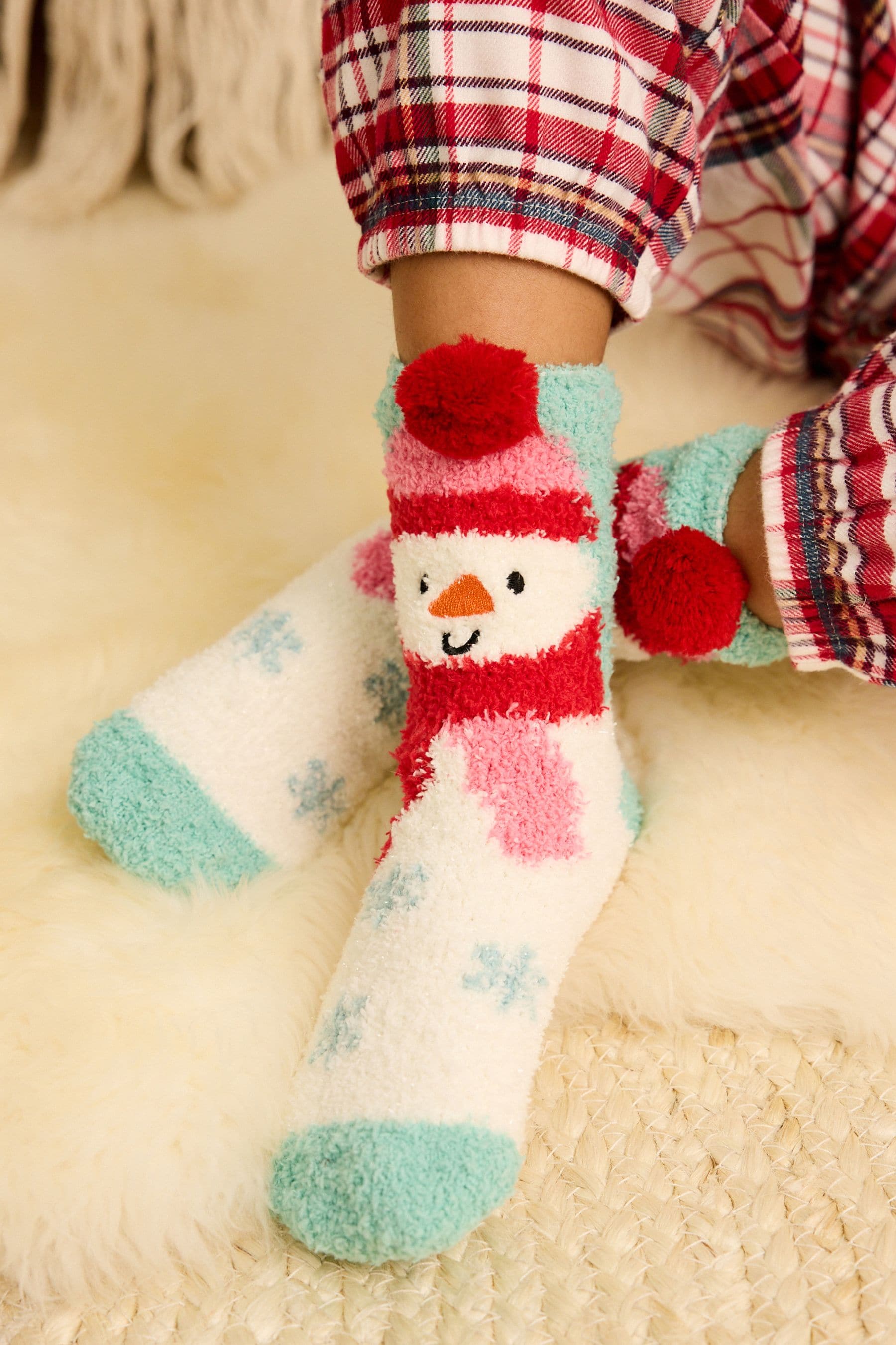 Green and White Snowman Cosy Slippers Socks