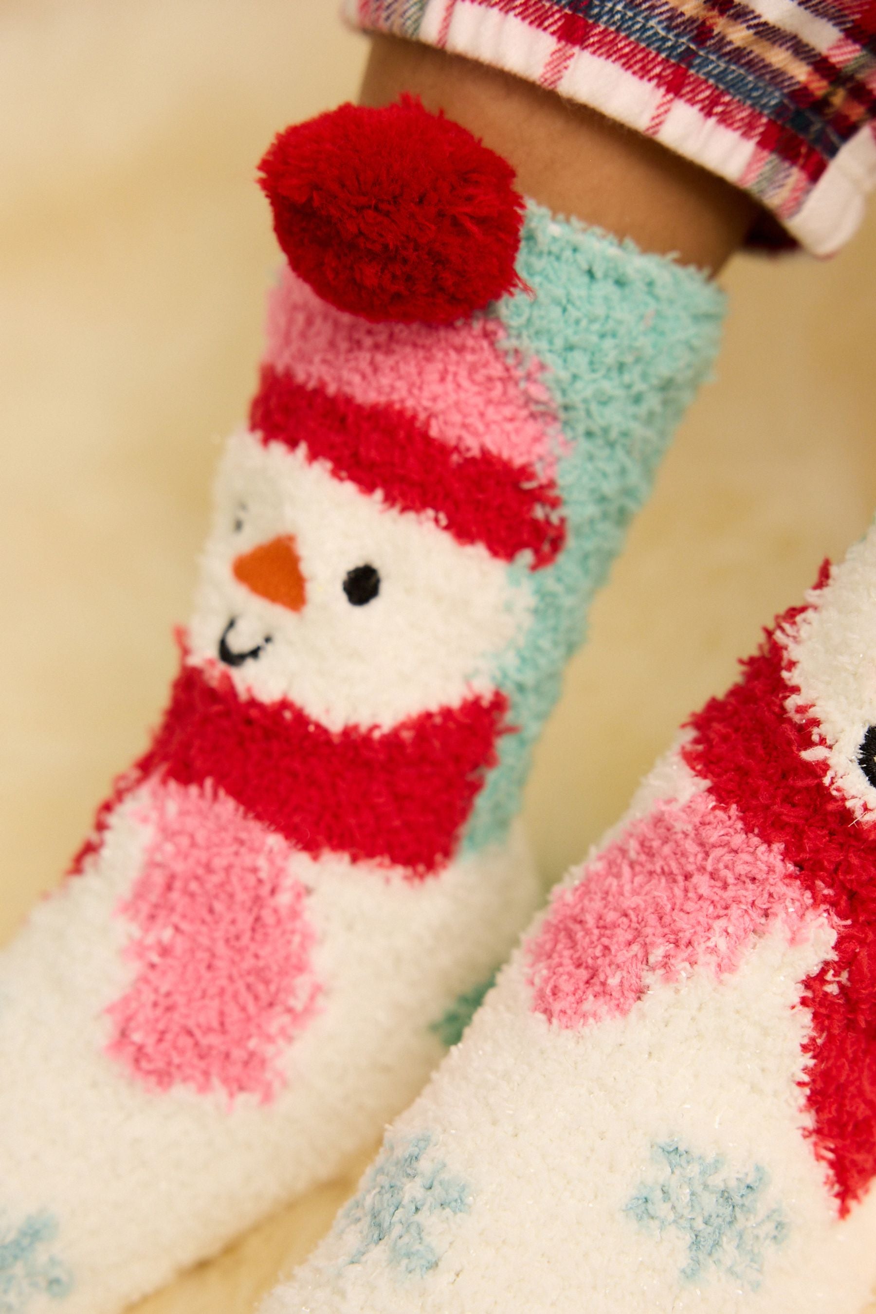 Green and White Snowman Cosy Slippers Socks