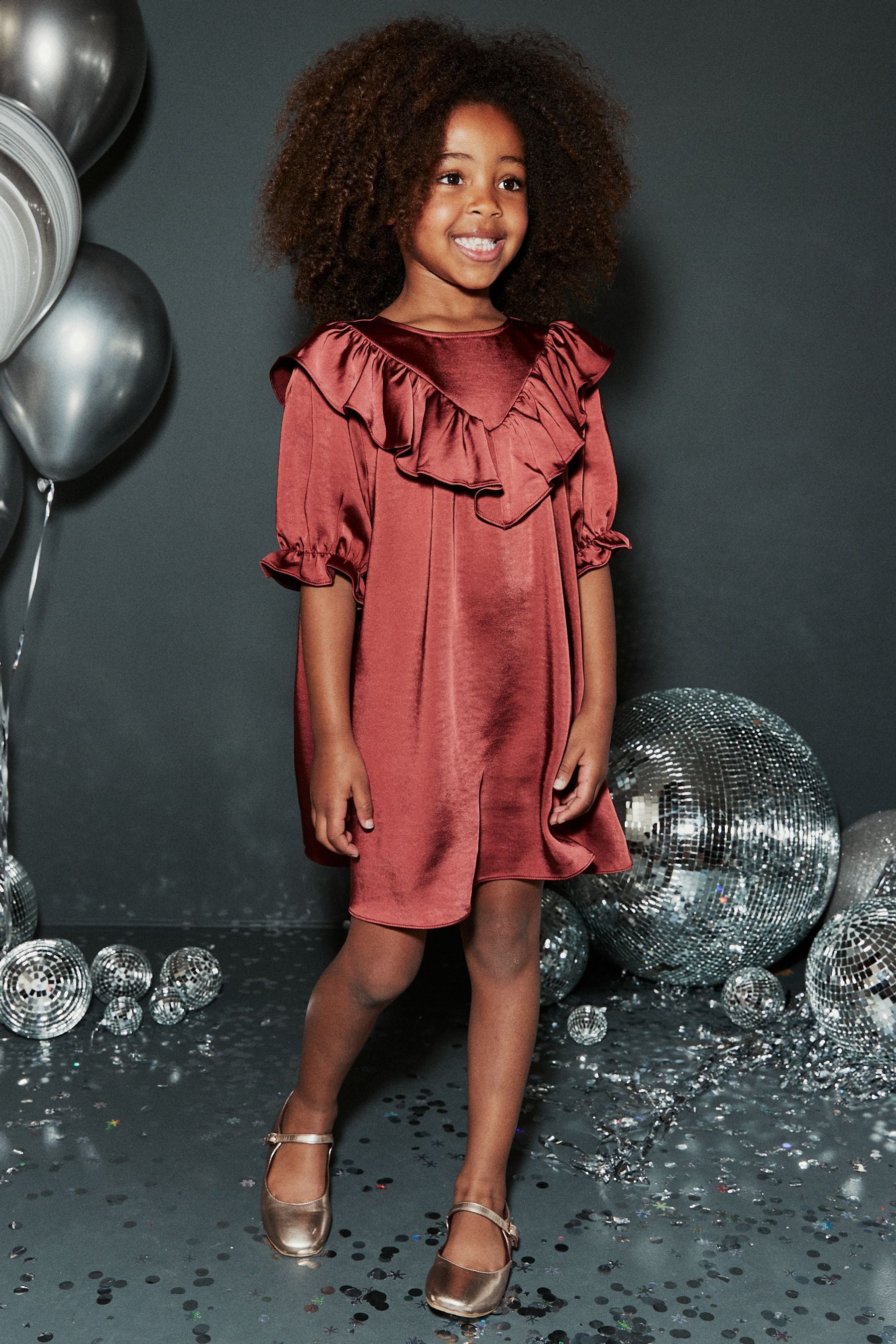 Rust Brown Satin Frill Dress (3-16yrs)