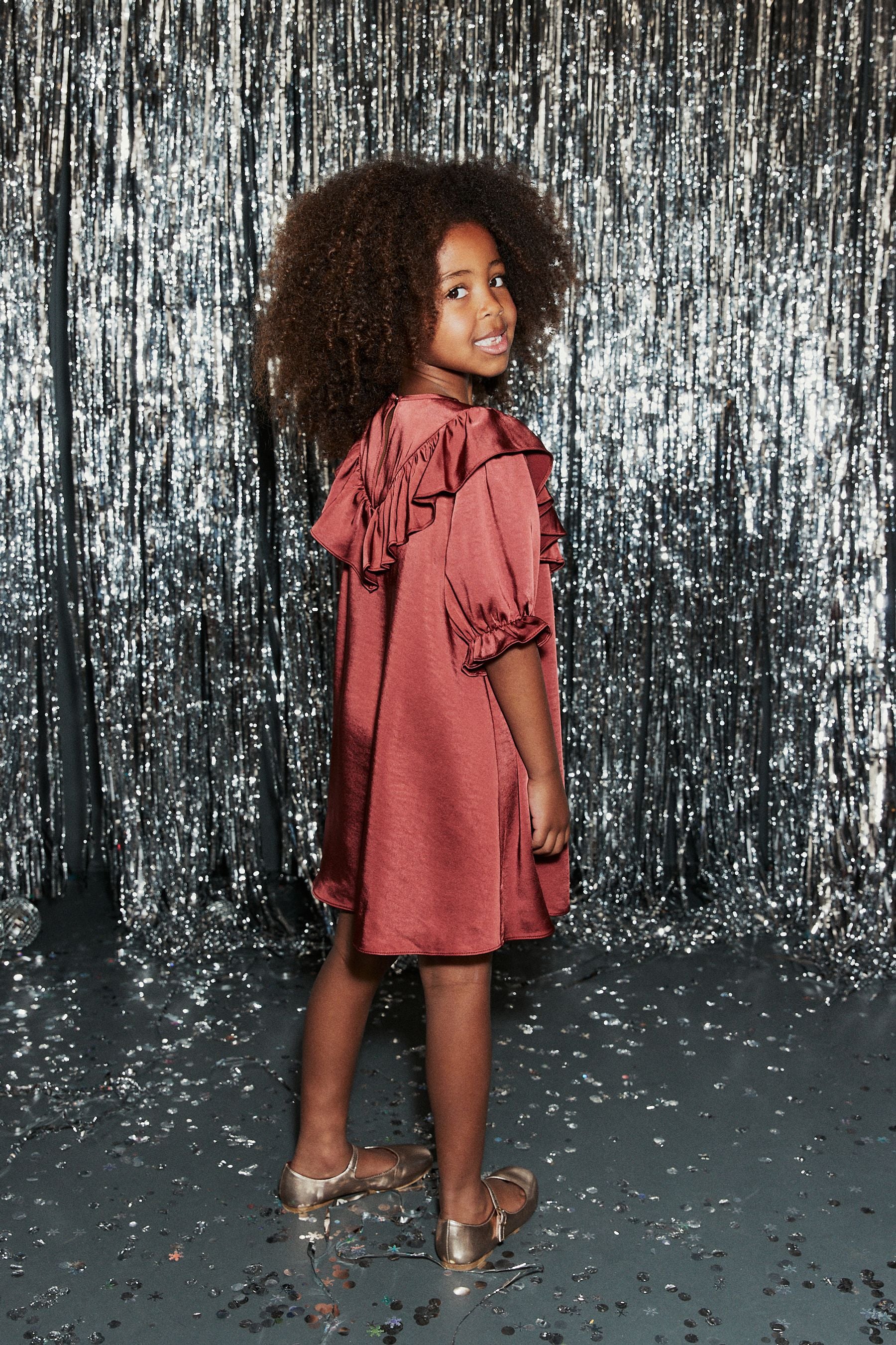 Rust Brown Satin Frill Dress (3-16yrs)