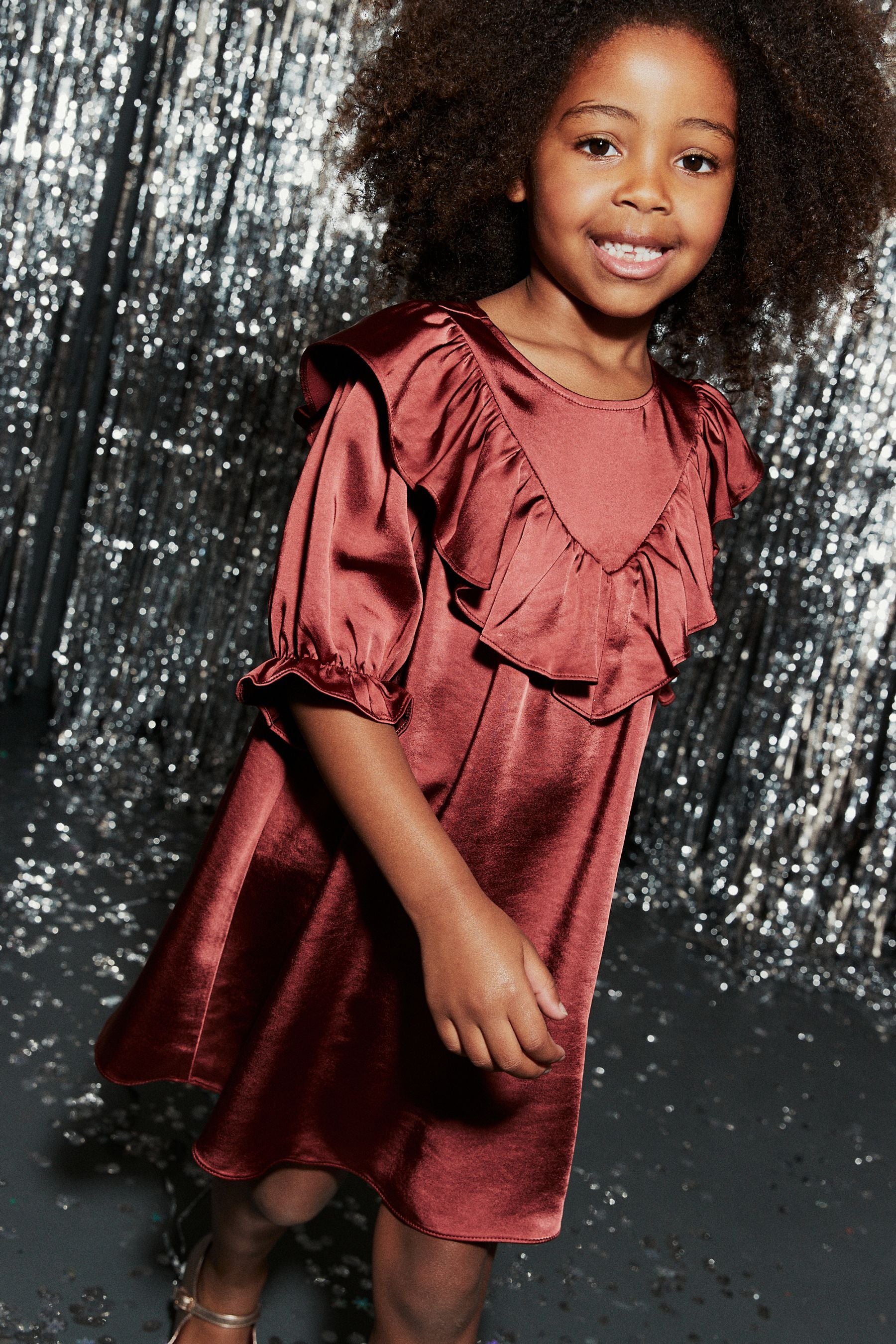 Rust Brown Satin Frill Dress (3-16yrs)