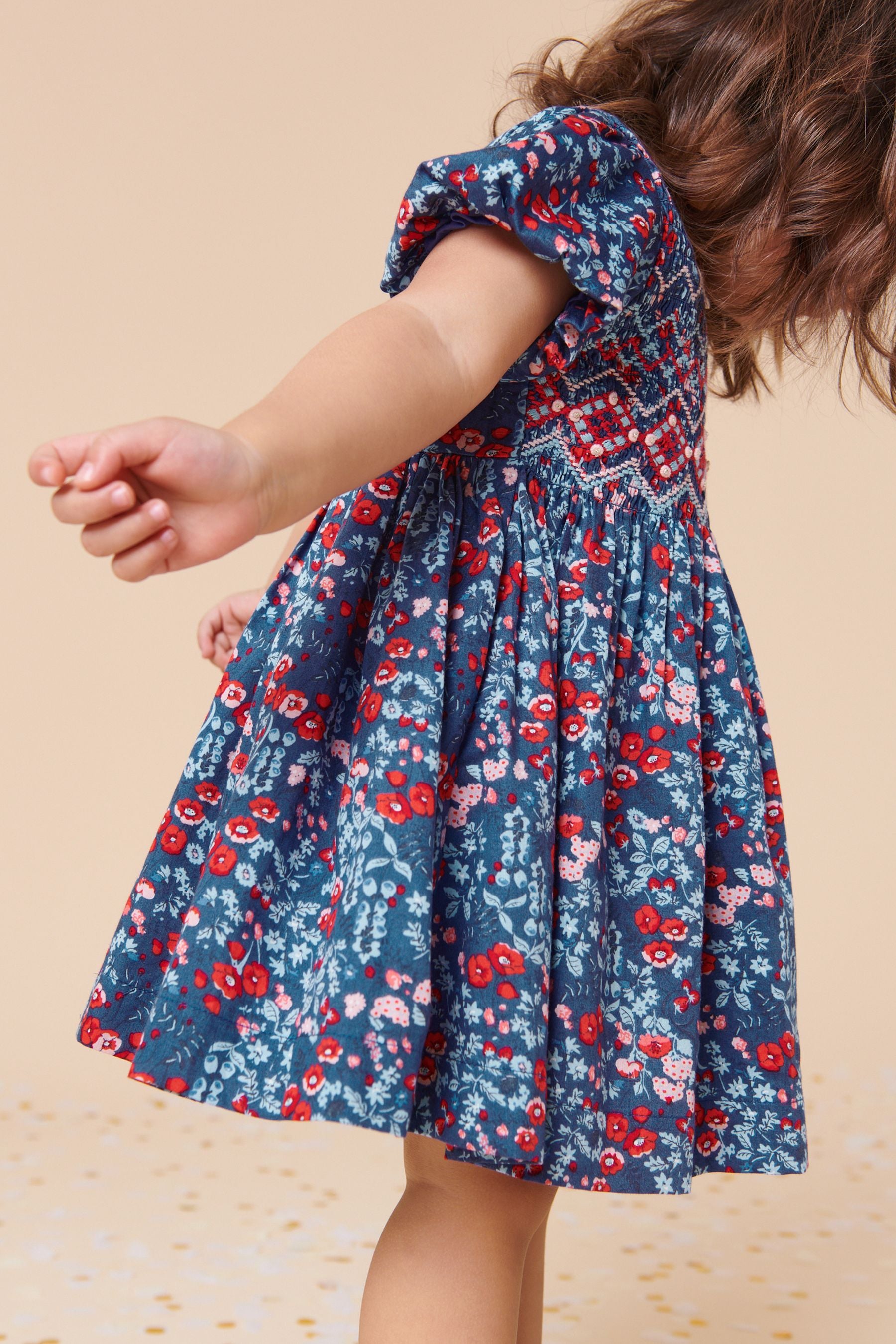 Blue/Red Ditsy Lace Collar Shirred Cotton Dress (3mths-8yrs)