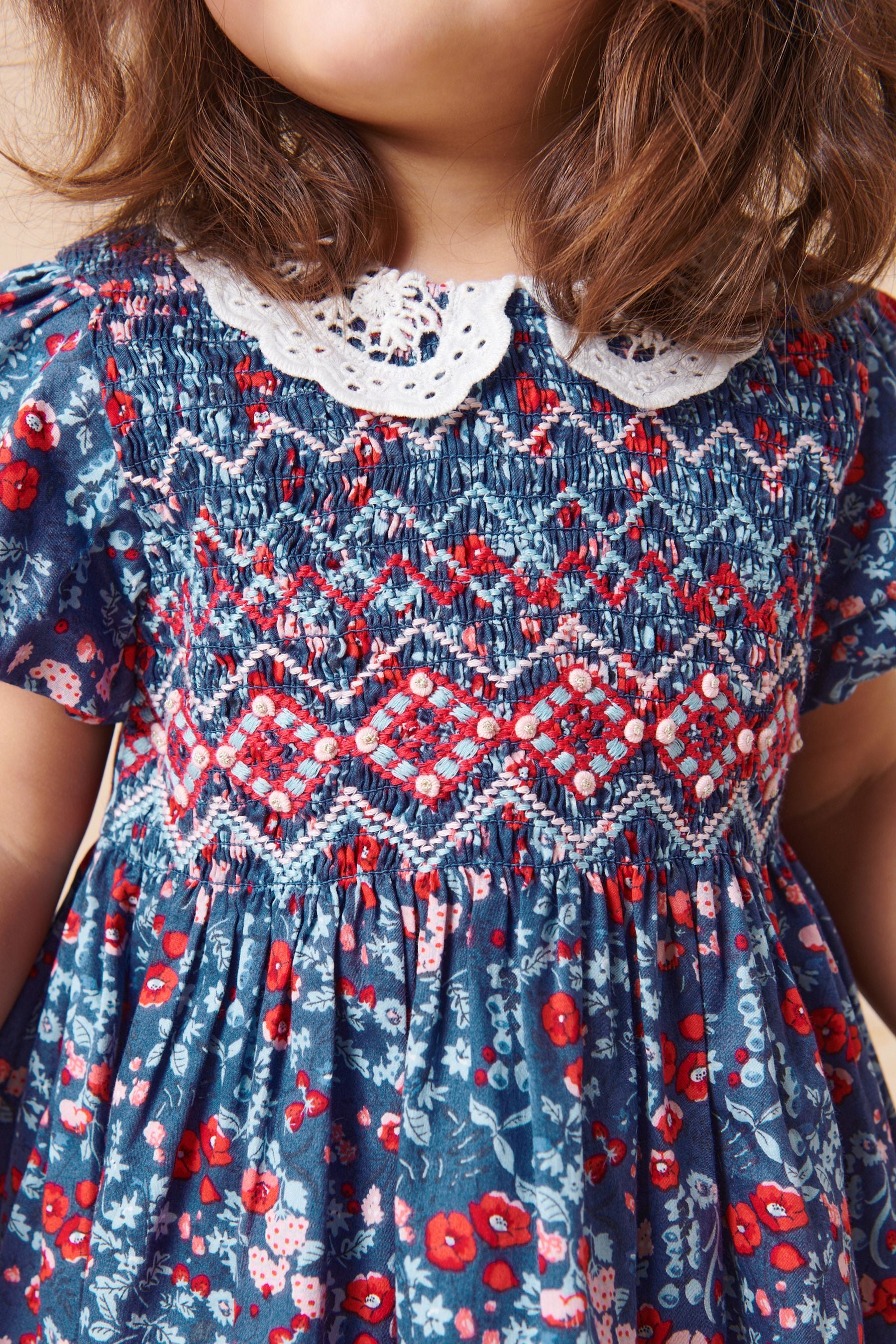 Blue/Red Ditsy Lace Collar Shirred Cotton Dress (3mths-8yrs)