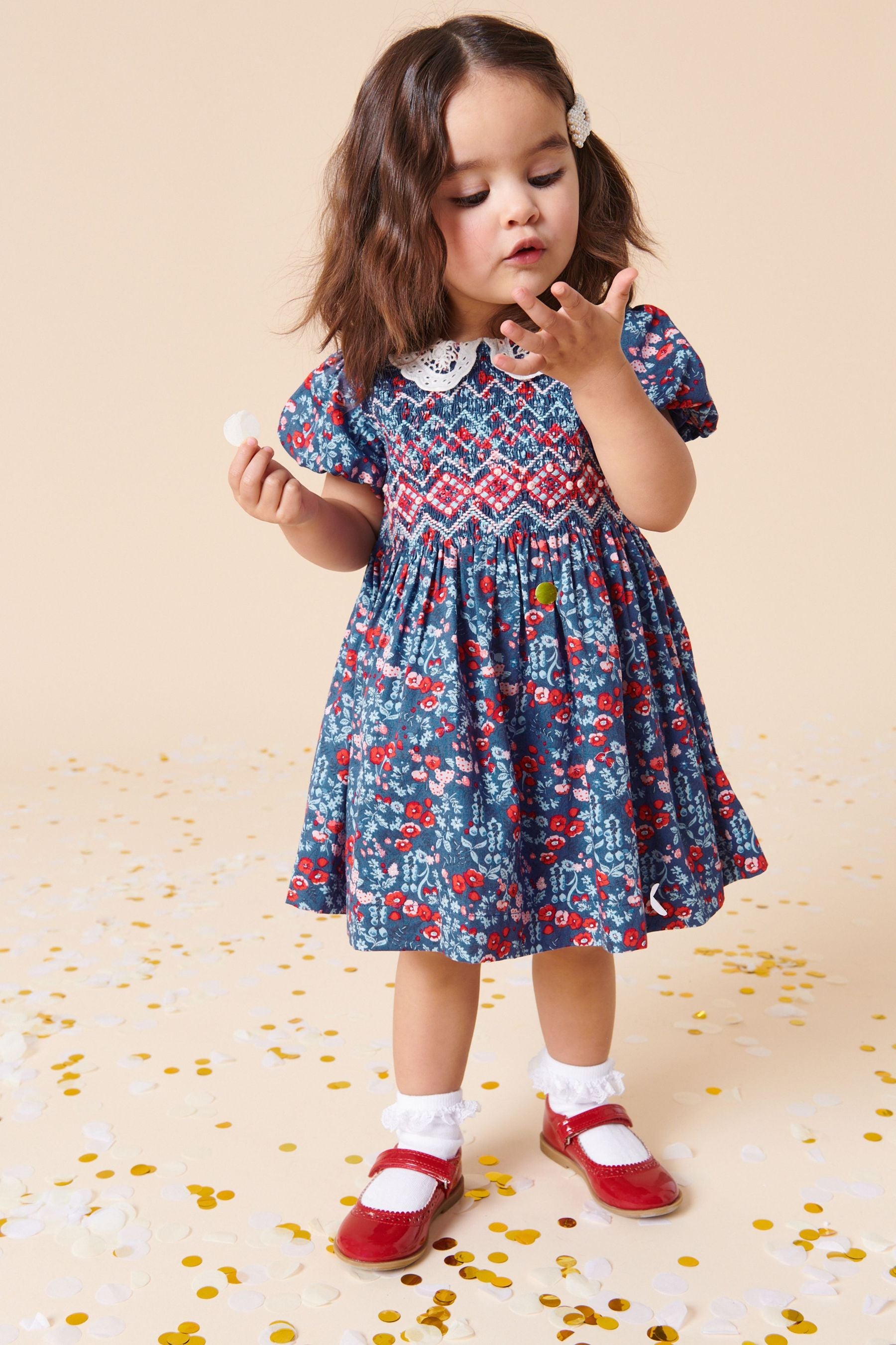 Blue/Red Ditsy Lace Collar Shirred Cotton Dress (3mths-8yrs)