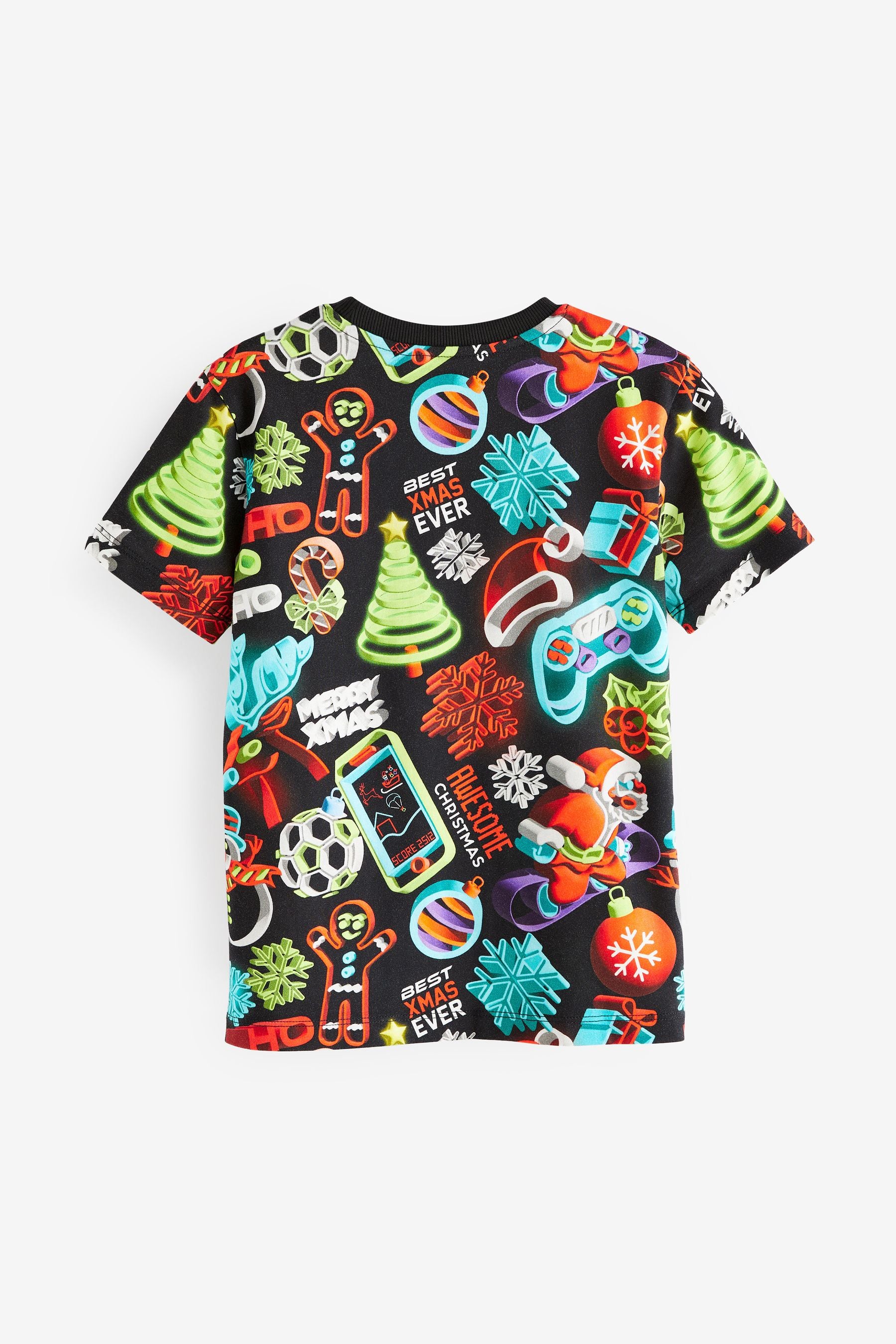 Black All Over Print Short Sleeve Christmas T-Shirt (3-16yrs)