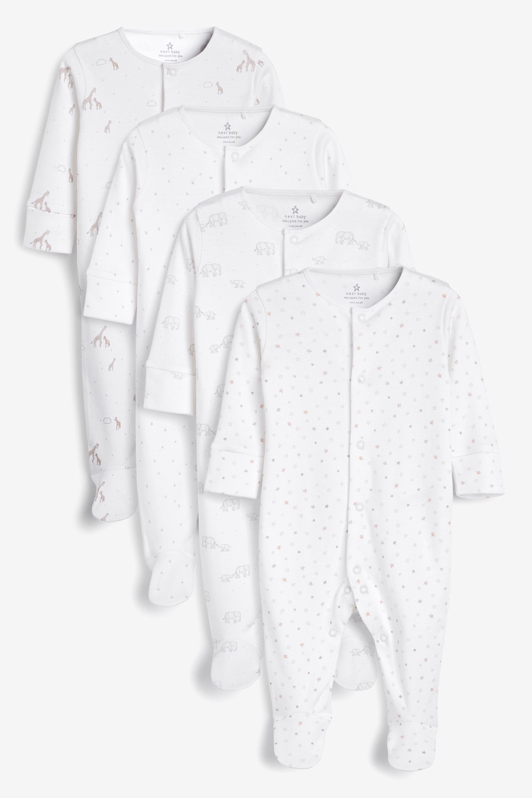 White Character 4 Pack Delicate Multi Print Baby Sleepsuits (0-2yrs)