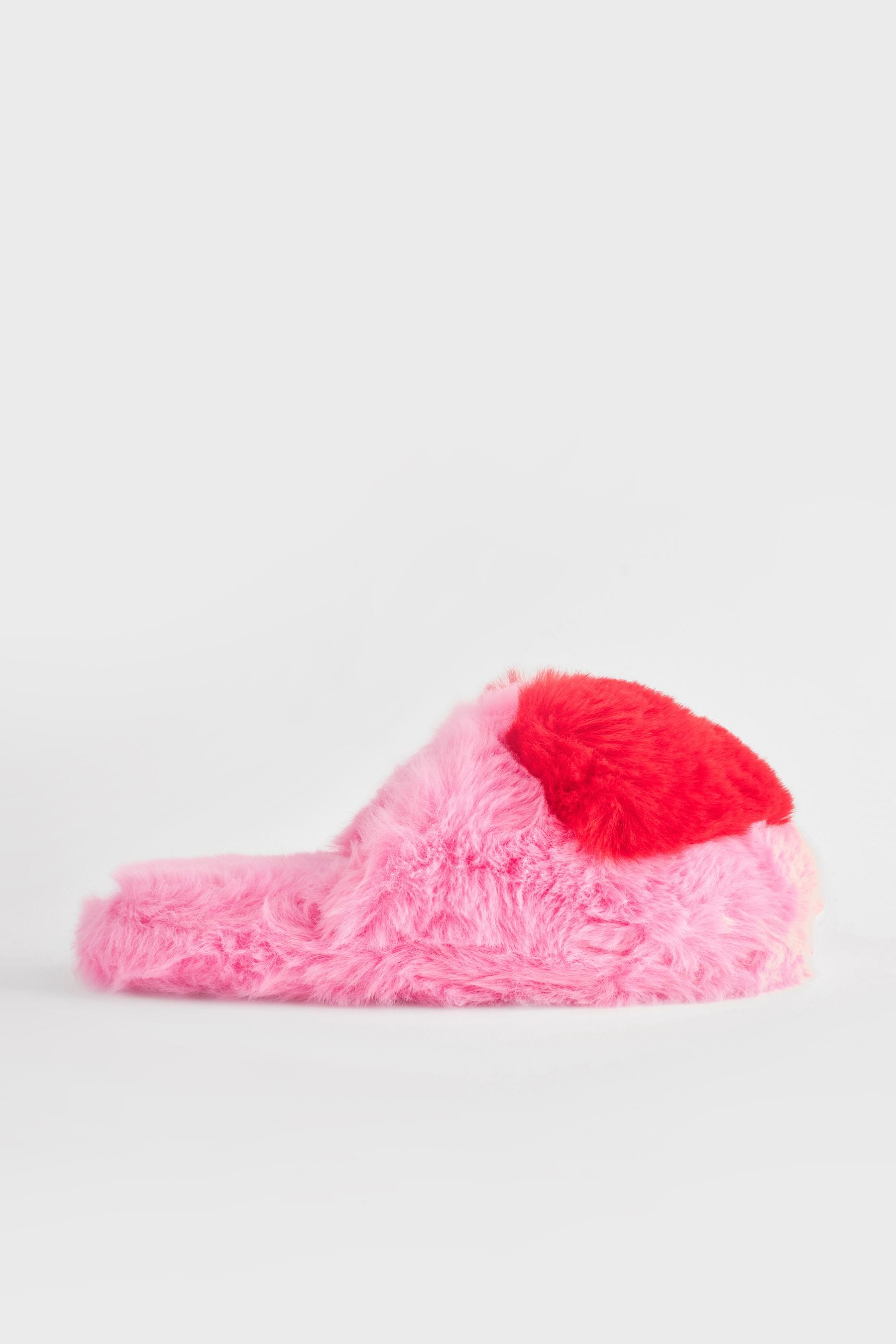 Pink Heart Faux Fur Mule Slippers