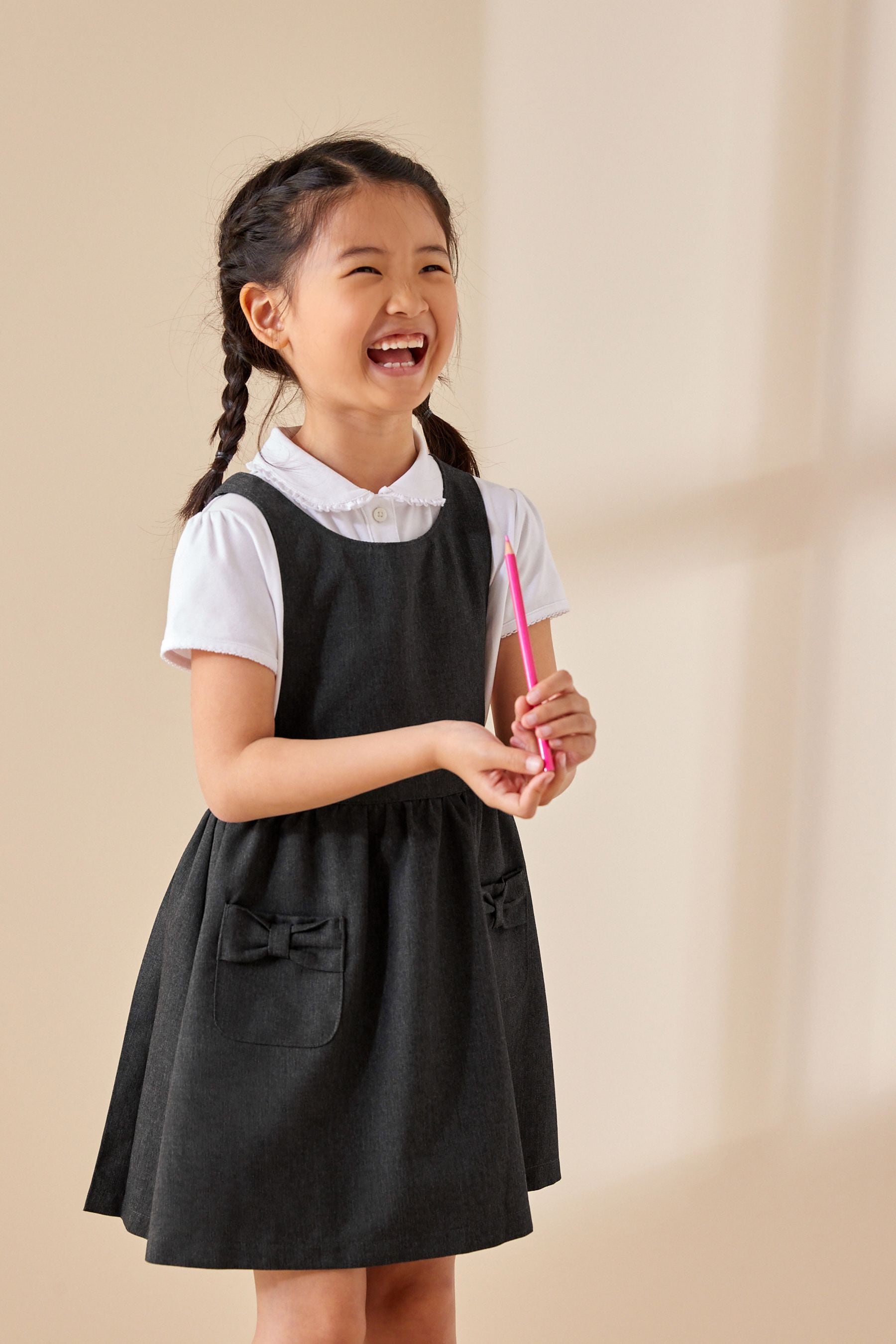 Grey Bow School Pinafore (3-14yrs)