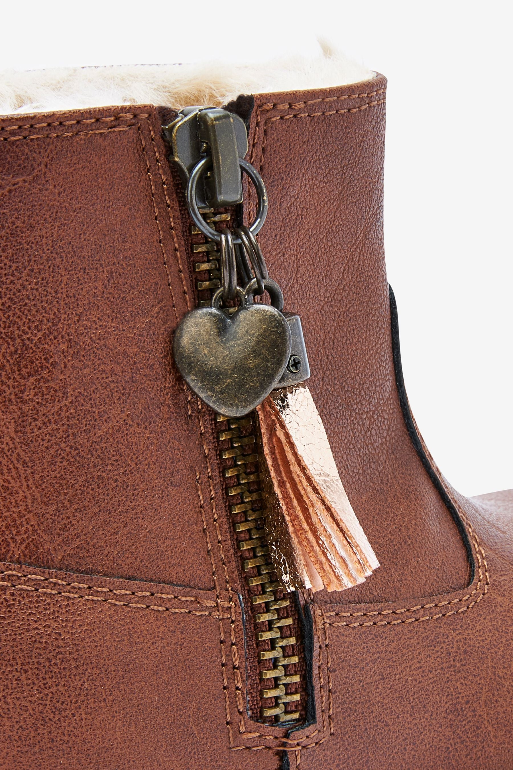 Tan Brown Warm Lined Tassel Detail Zip Boots