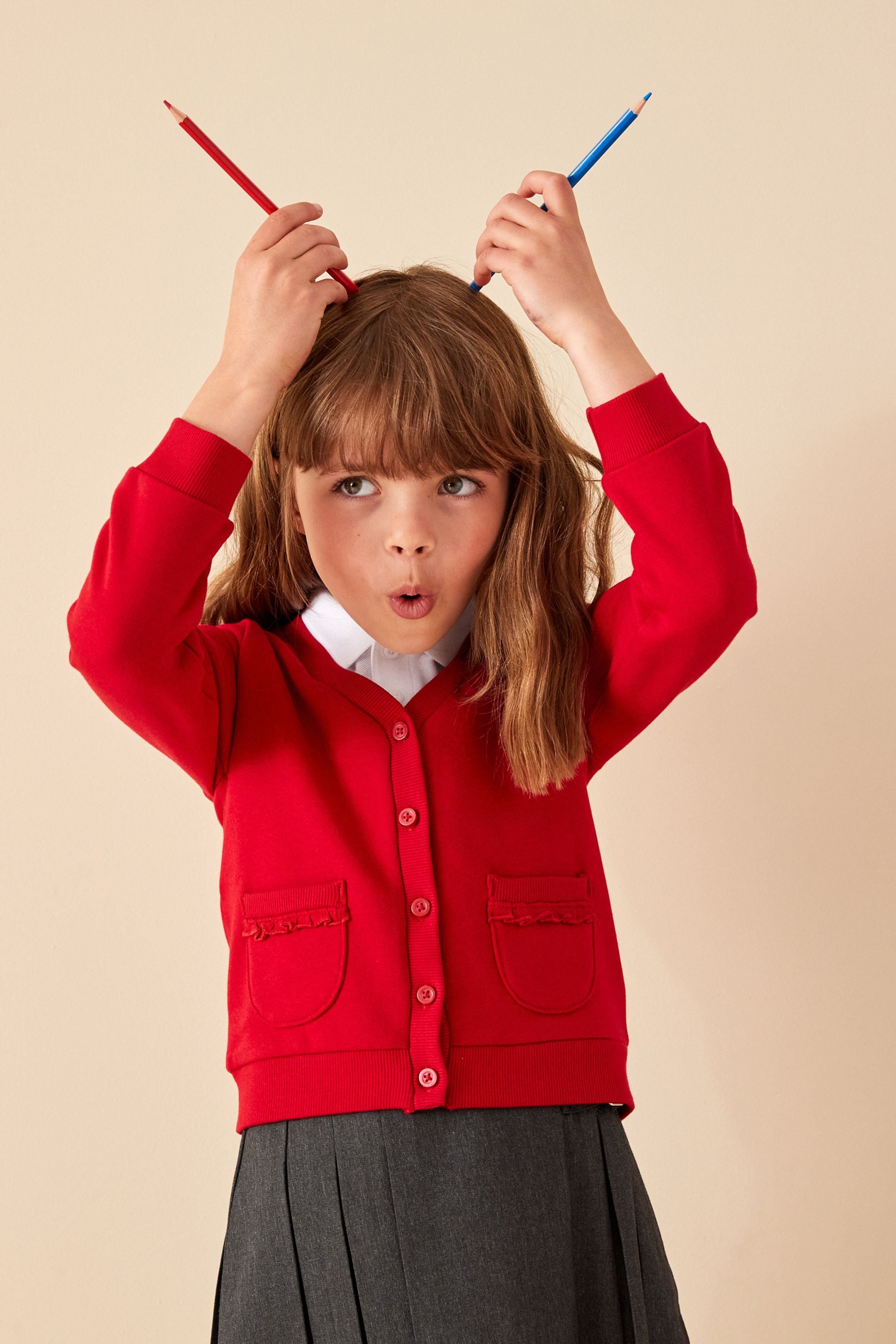 Red Cotton Rich Frill Pocket Jersey School Cardigan (3-16yrs)