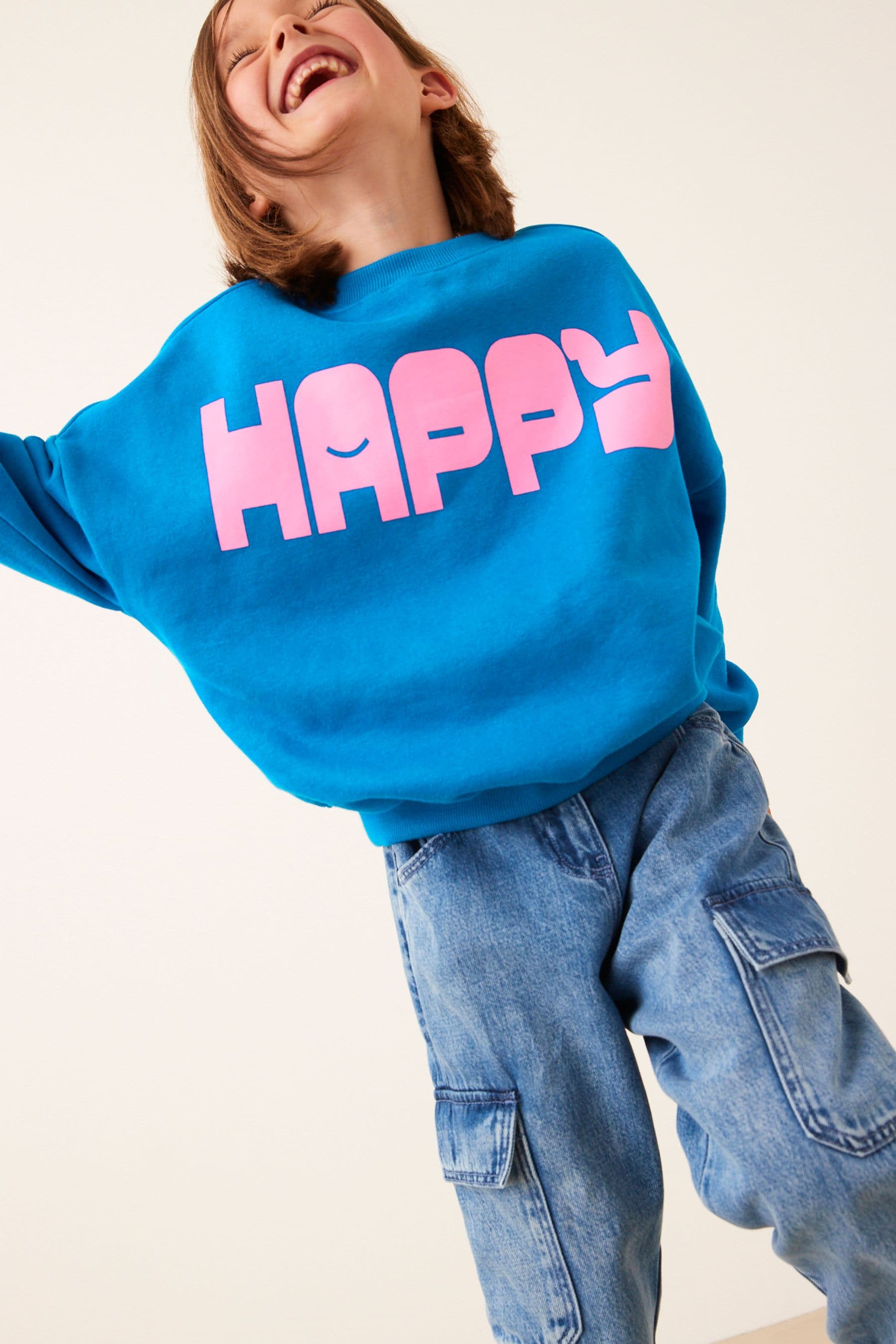 Blue Happy Oversized Slogan Long Sleeve Sweatshirt (3-16yrs)