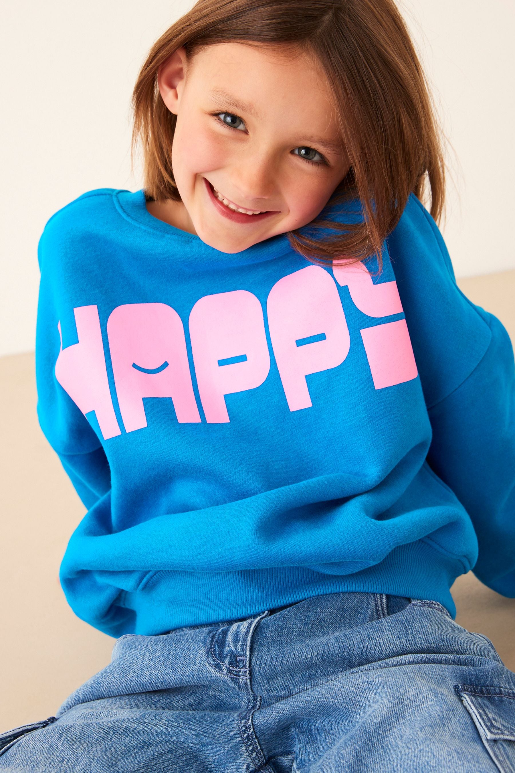 Blue Happy Oversized Slogan Long Sleeve Sweatshirt (3-16yrs)