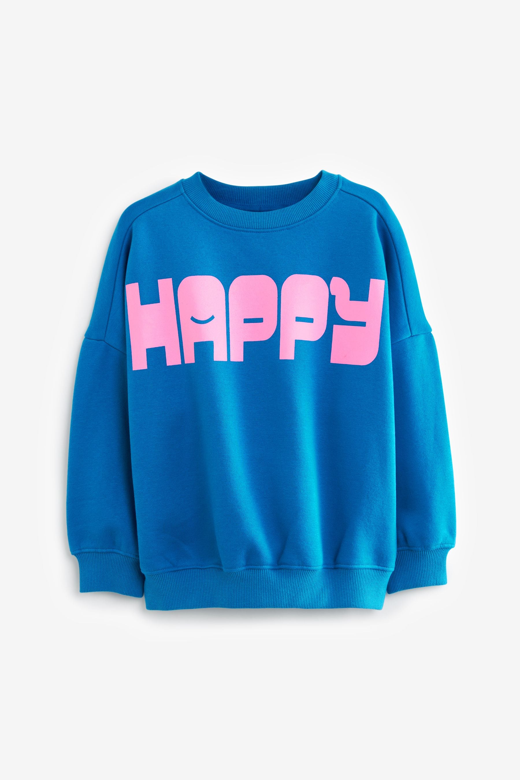 Blue Happy Oversized Slogan Long Sleeve Sweatshirt (3-16yrs)