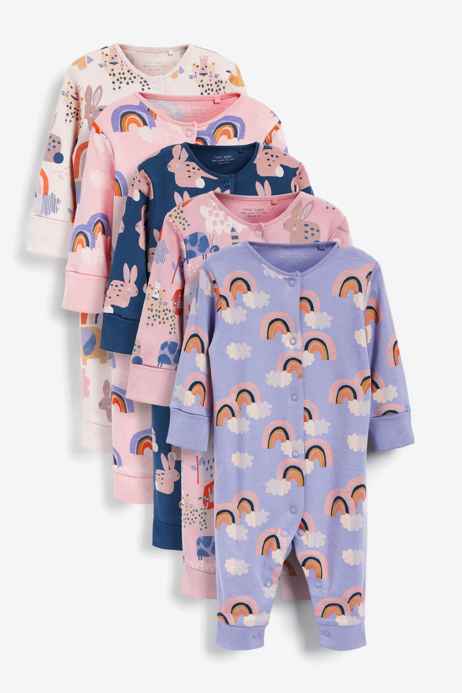 Lilac PurpleCharacter Footless Baby 5 Pack Printed Footless Sleepsuits (0mths-3yrs)