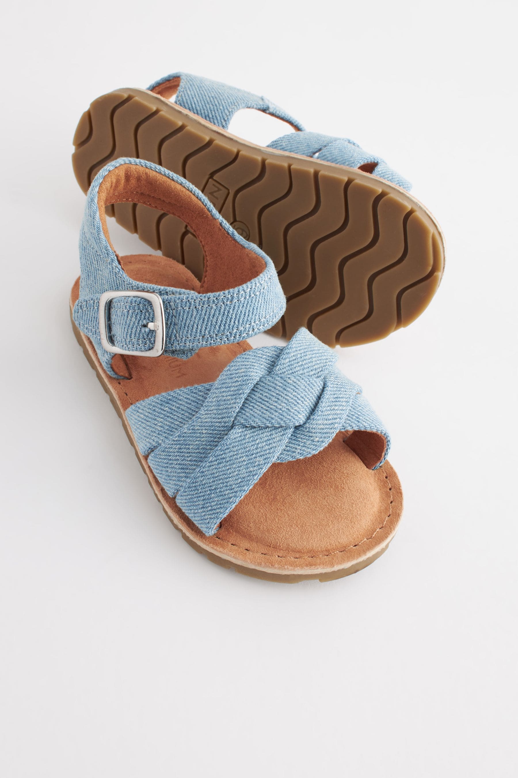 Blue Leather Woven Ankle Strap Sandals