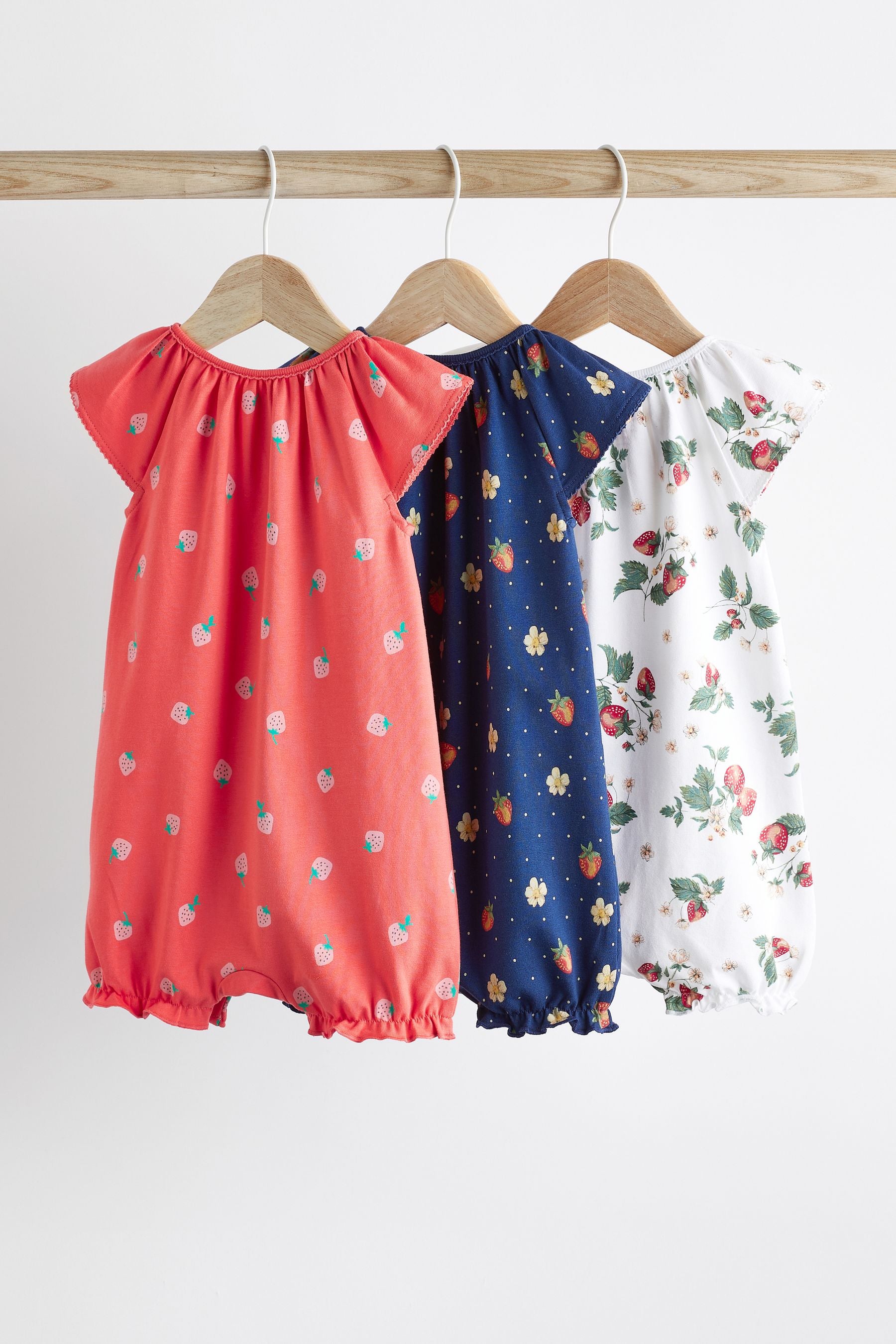 White/Blue/Red Strawberry Baby Rompers 3 Pack