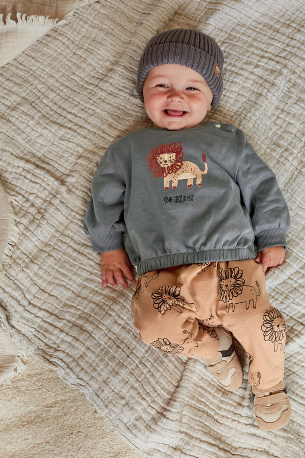 Charcoal Grey/Rust Brown Lion Cosy Baby Sweatshirt And Joggers 2 Piece Set