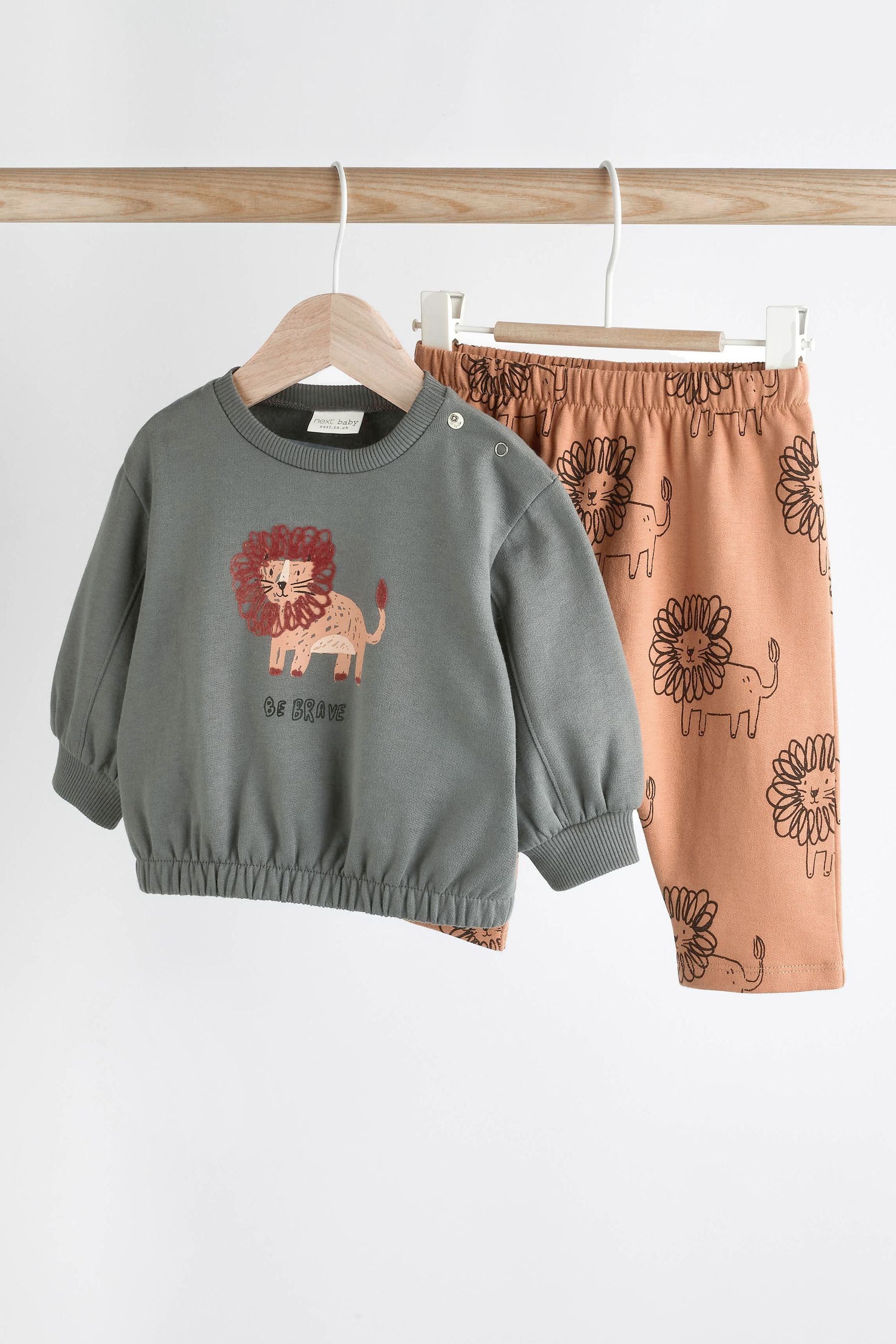 Charcoal Grey/Rust Brown Lion Cosy Baby Sweatshirt And Joggers 2 Piece Set