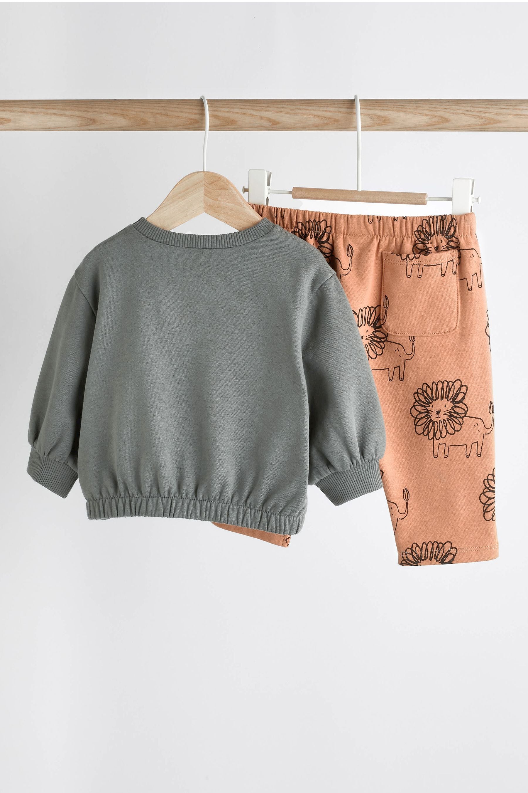 Charcoal Grey/Rust Brown Lion Cosy Baby Sweatshirt And Joggers 2 Piece Set