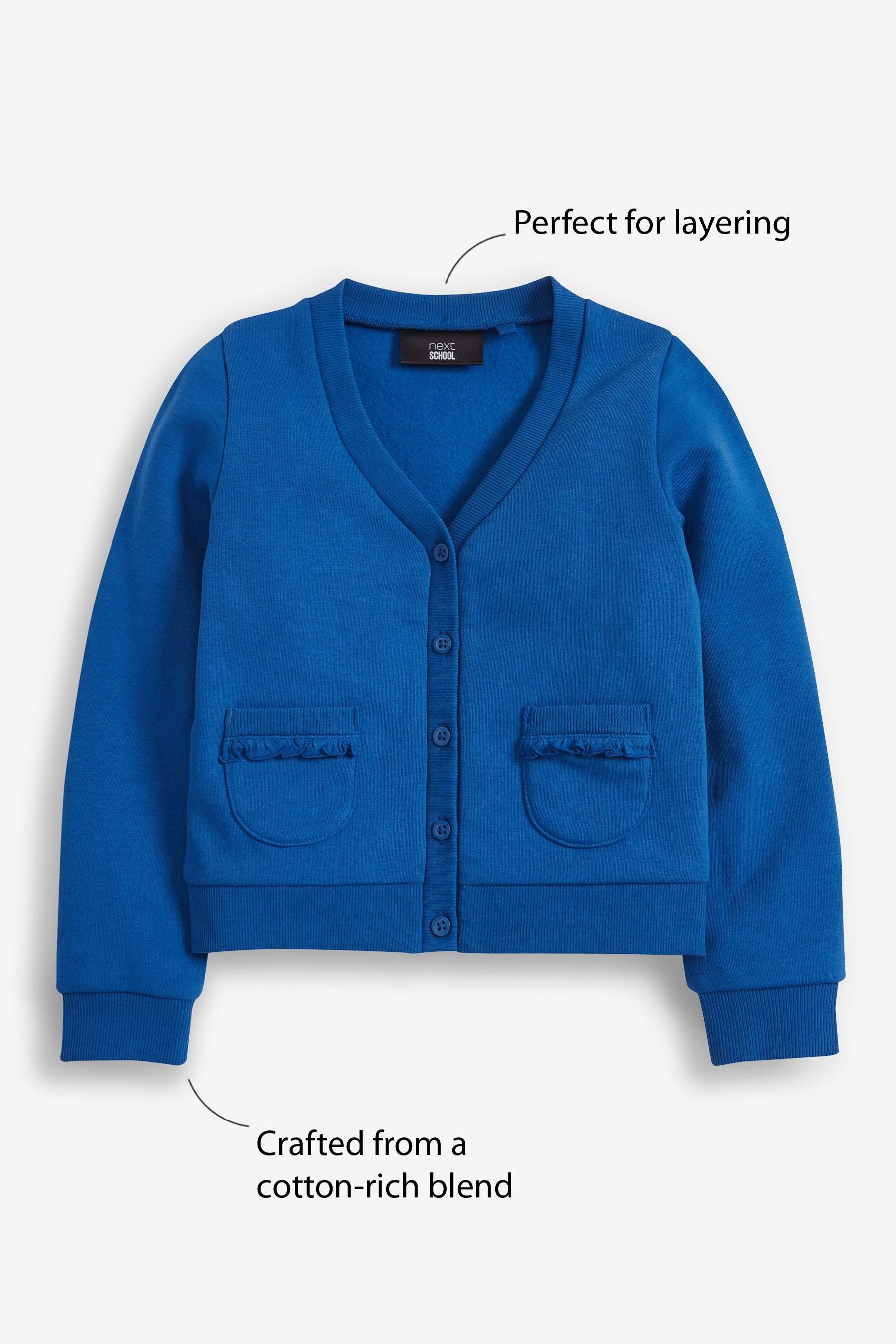 Blue Cotton Rich Frill Pocket Jersey School Cardigan (3-16yrs)