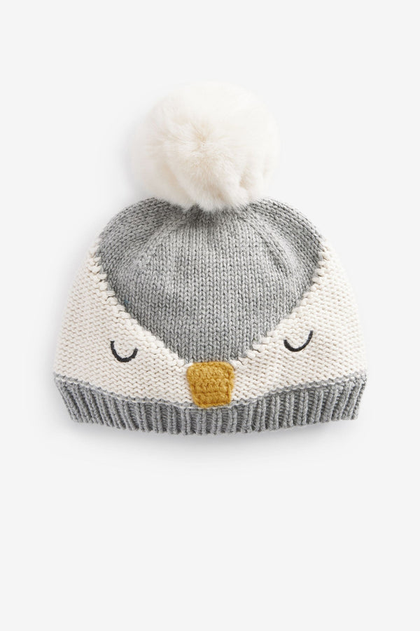 Grey Knitted Penguin Baby Beanie Pom Hat (0mths-2yrs)