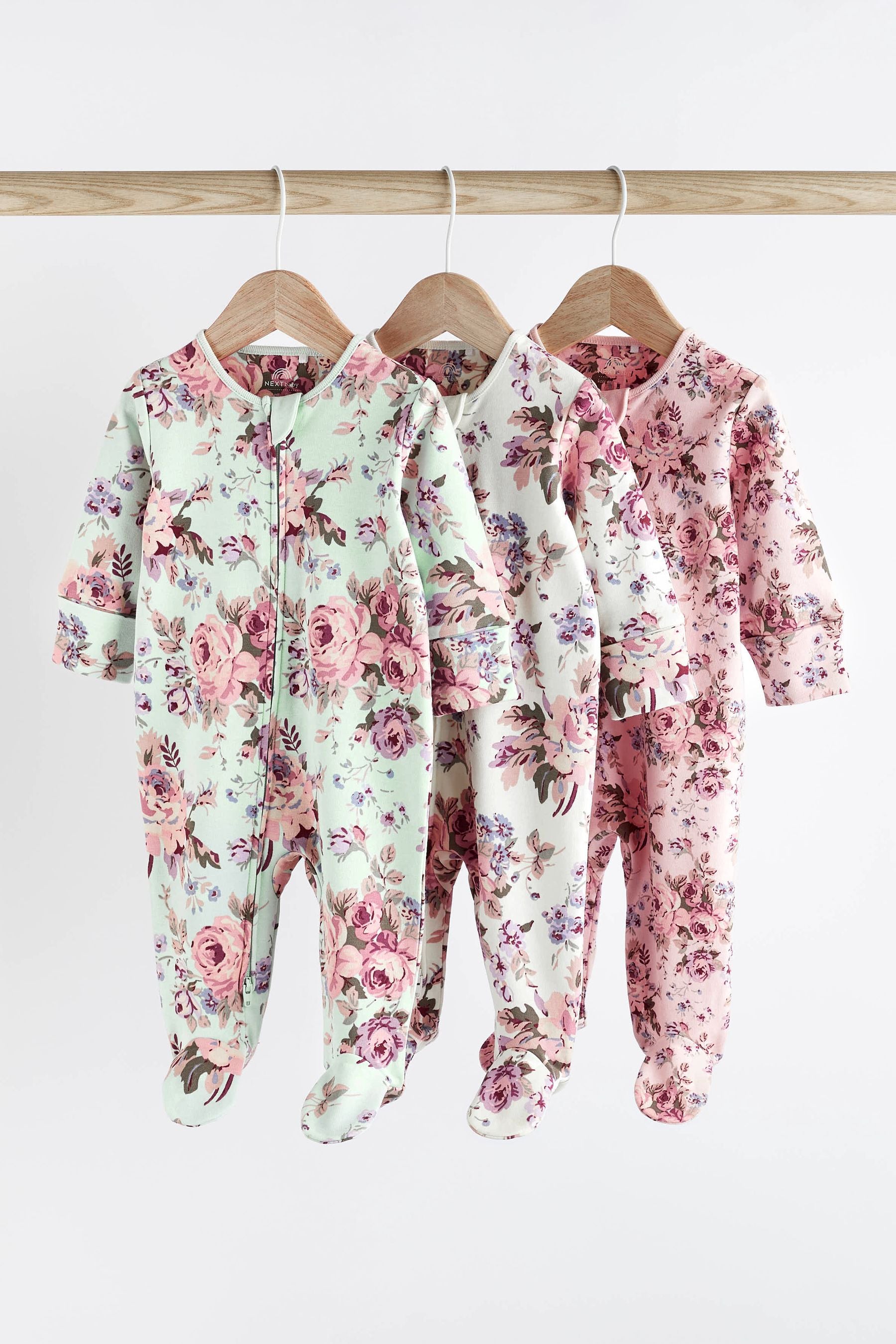 Floral Baby Two Way Zip Sleespuits 3 Pack (0-2yrs)