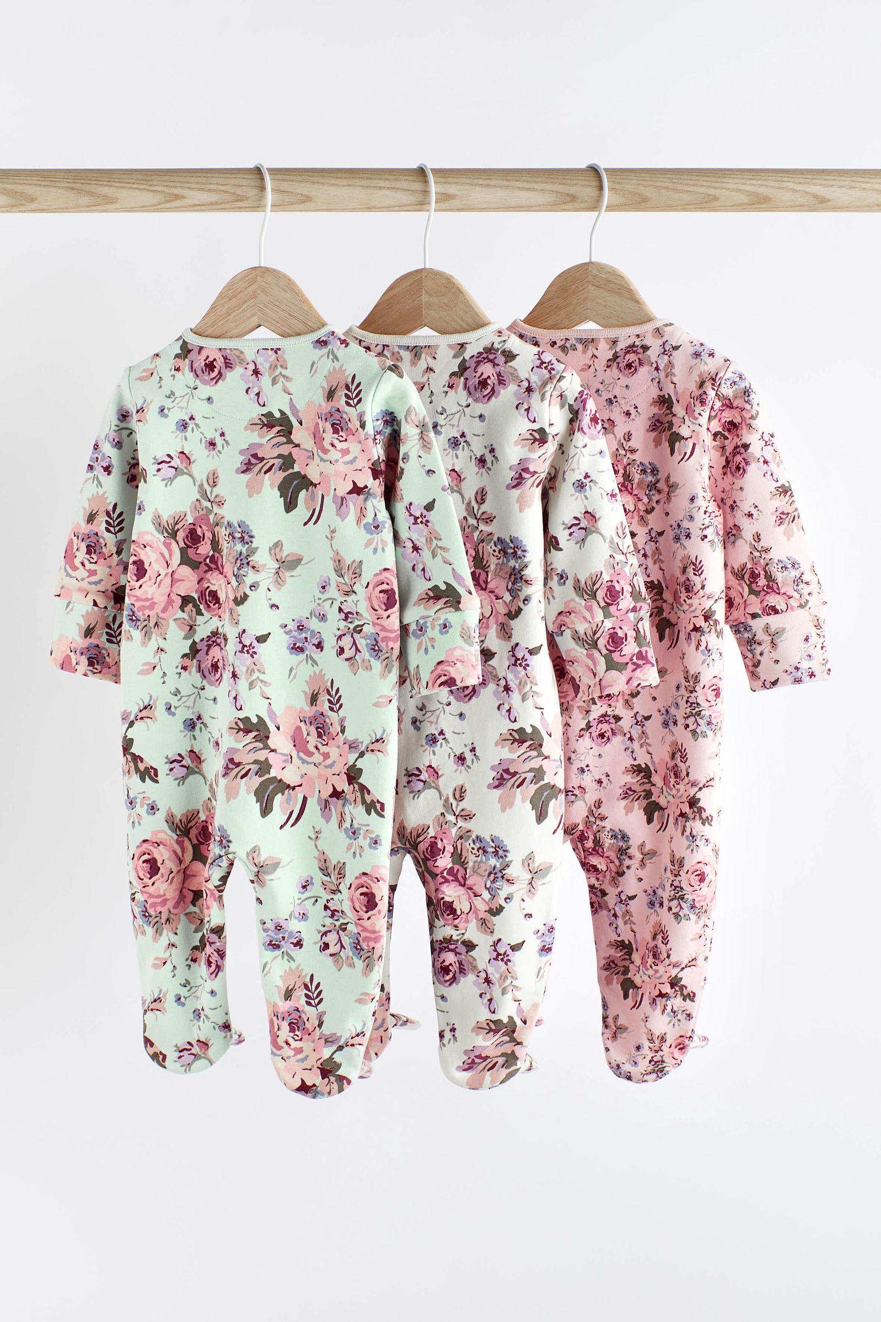 Floral Baby Two Way Zip Sleespuits 3 Pack (0-2yrs)