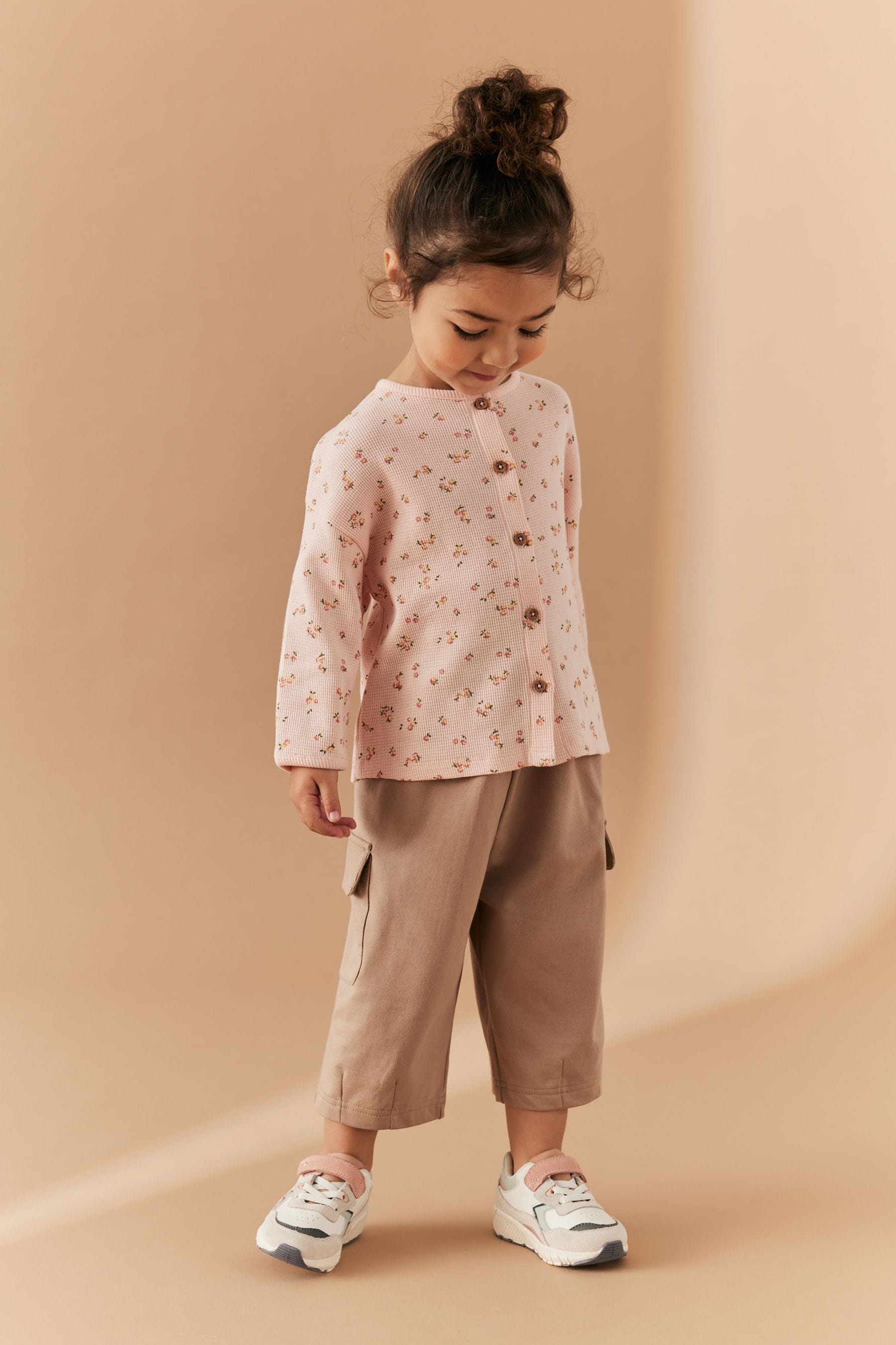 Pink Ditsy Floral Long Sleeve Cardigan and Cargo Trousers Set (3mths-7yrs)