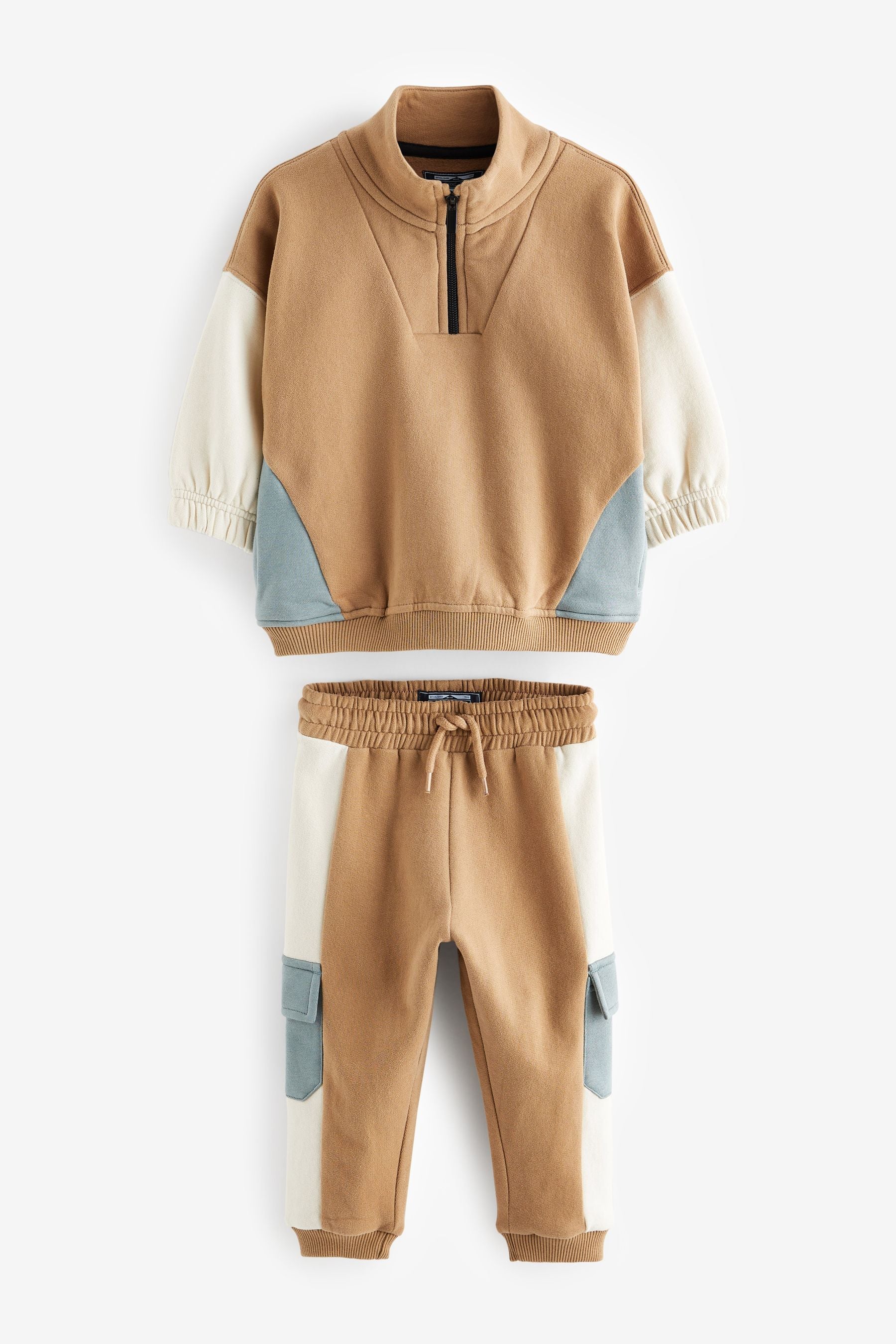 Tan Brown/Blue Zip Neck Colourblock Jersey Sweatshirt and Joggers Set (3mths-7yrs)