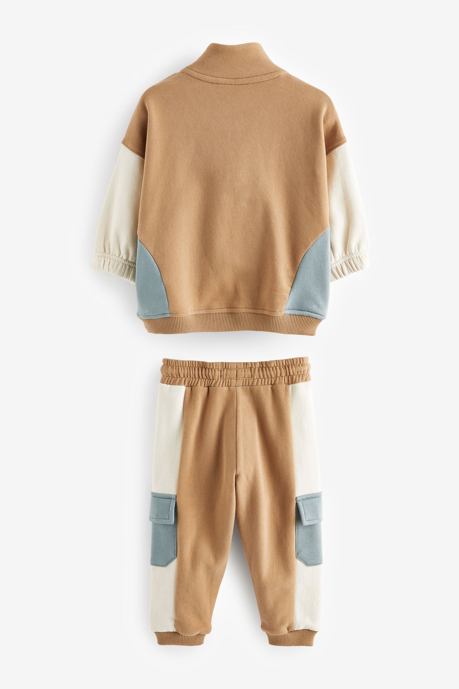 Tan Brown/Blue Zip Neck Colourblock Jersey Sweatshirt and Joggers Set (3mths-7yrs)